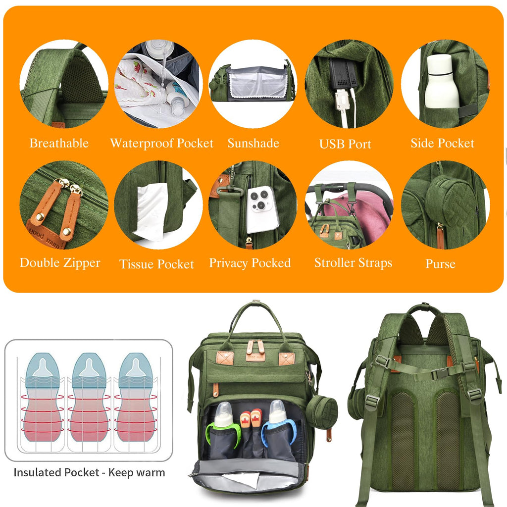Baby Diaper Bags with Changing Station, Waterproof Diaper Bag Backpack for Moms Dads with USB Charging Port, Baby Shower Gifts, Large Capacity diaper backpack, Grey