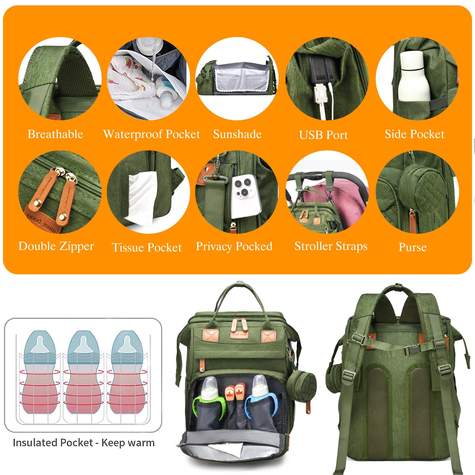 Baby Diaper Bags with Changing Station, Waterproof Diaper Bag Backpack for Moms Dads with USB Charging Port, Baby Shower Gifts, Large Capacity diaper backpack, Grey