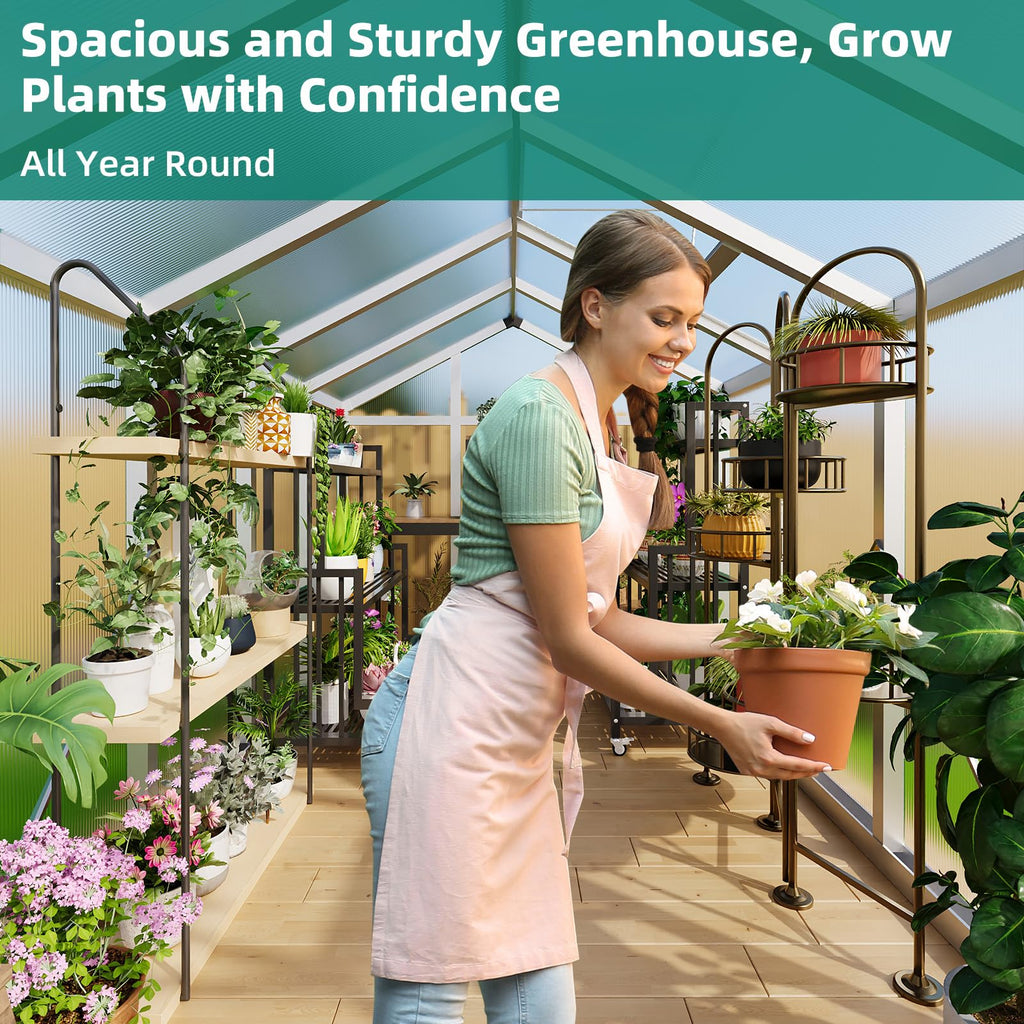 6×8FT Greenhouses for Outdoors, Aluminum Polycarbonate Greenhouses with Roof Vent - Heavy-Duty Walk-in Green Houses for All-Season Backyard Gardening