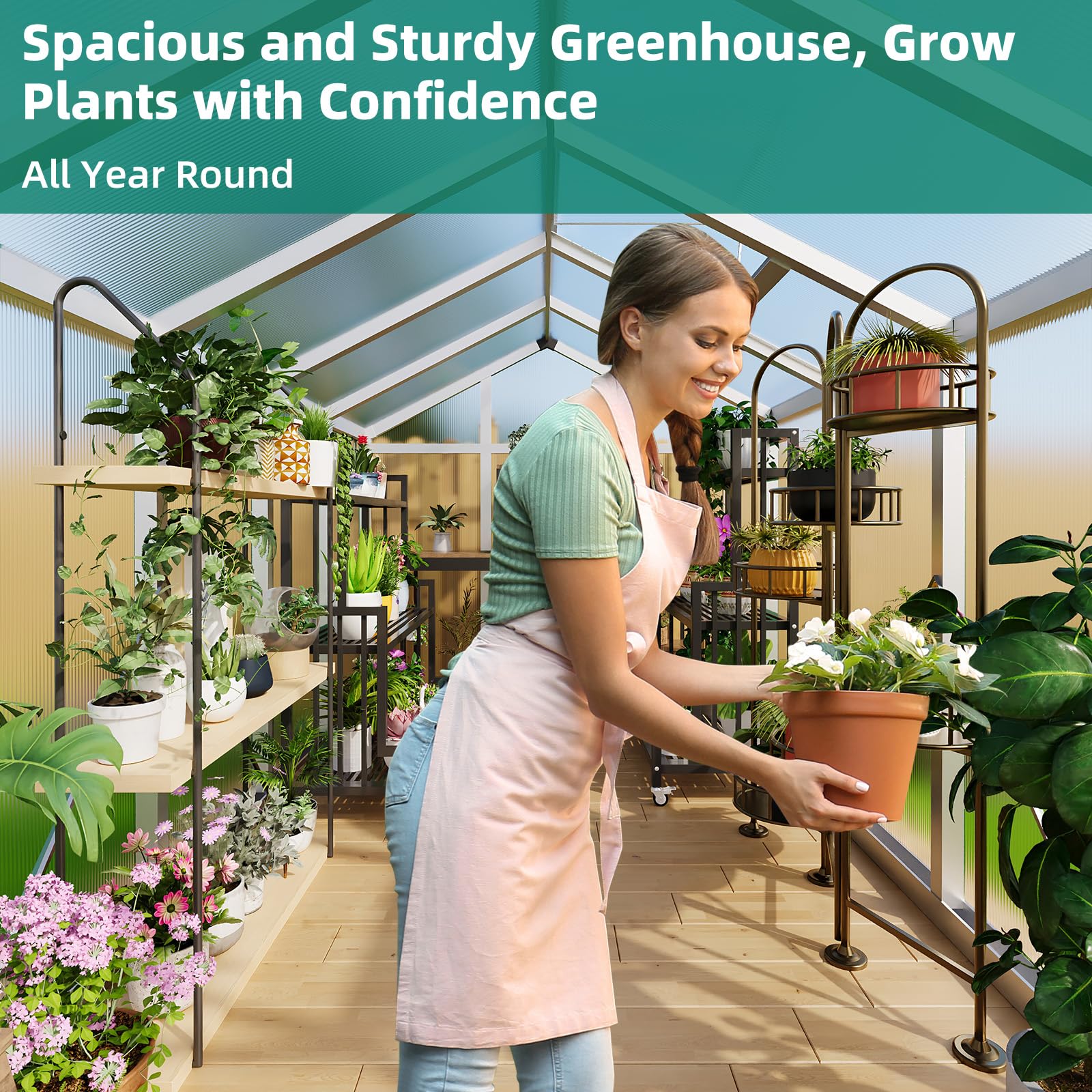 6×8FT Greenhouses for Outdoors, Aluminum Polycarbonate Greenhouses with Roof Vent - Heavy-Duty Walk-in Green Houses for All-Season Backyard Gardening