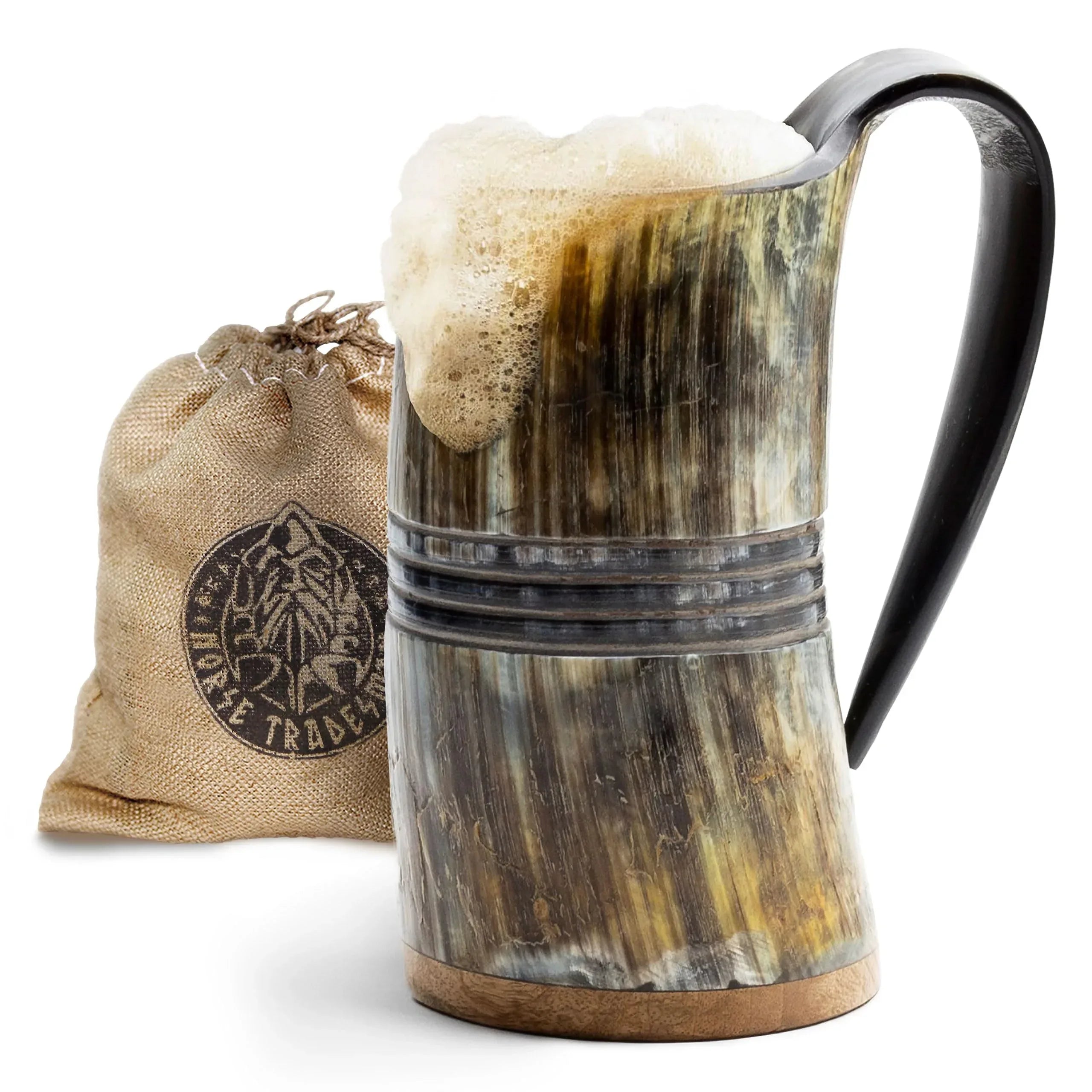 Norse Tradesman Original LG Viking Drinking Horn Mug - 100% Authentic Beer Horn Tankard With Natural Surface & Burlap Gift Sack | The Original, Low Polish, approx. 16 oz - Unique Gift Market
