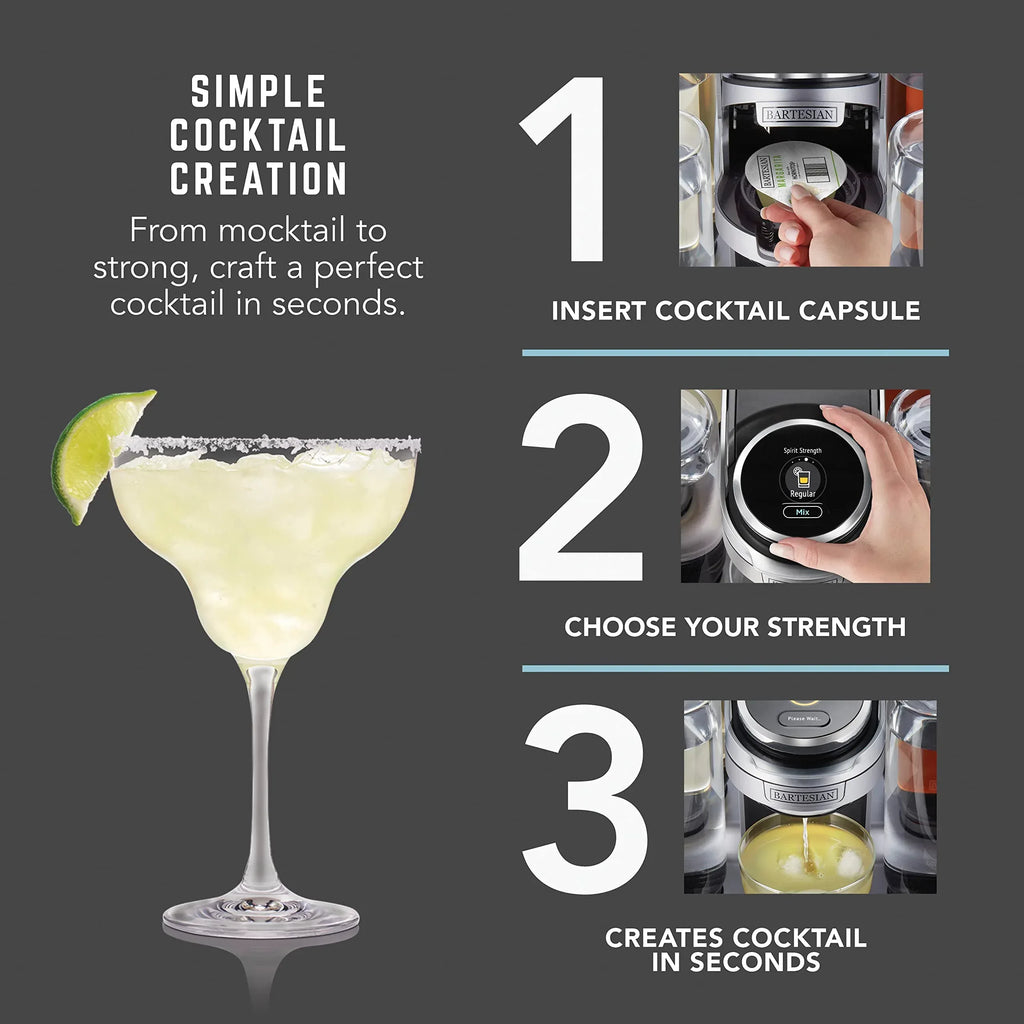 Bartesian Professional Cocktail Machine and Margarita Maker - High Capacity Bar Cocktail Mixer with 5 Premium Glass Bottles for Parties and Entertaining - Push-Button Technology and Easy Clean Design - Unique Gift Market