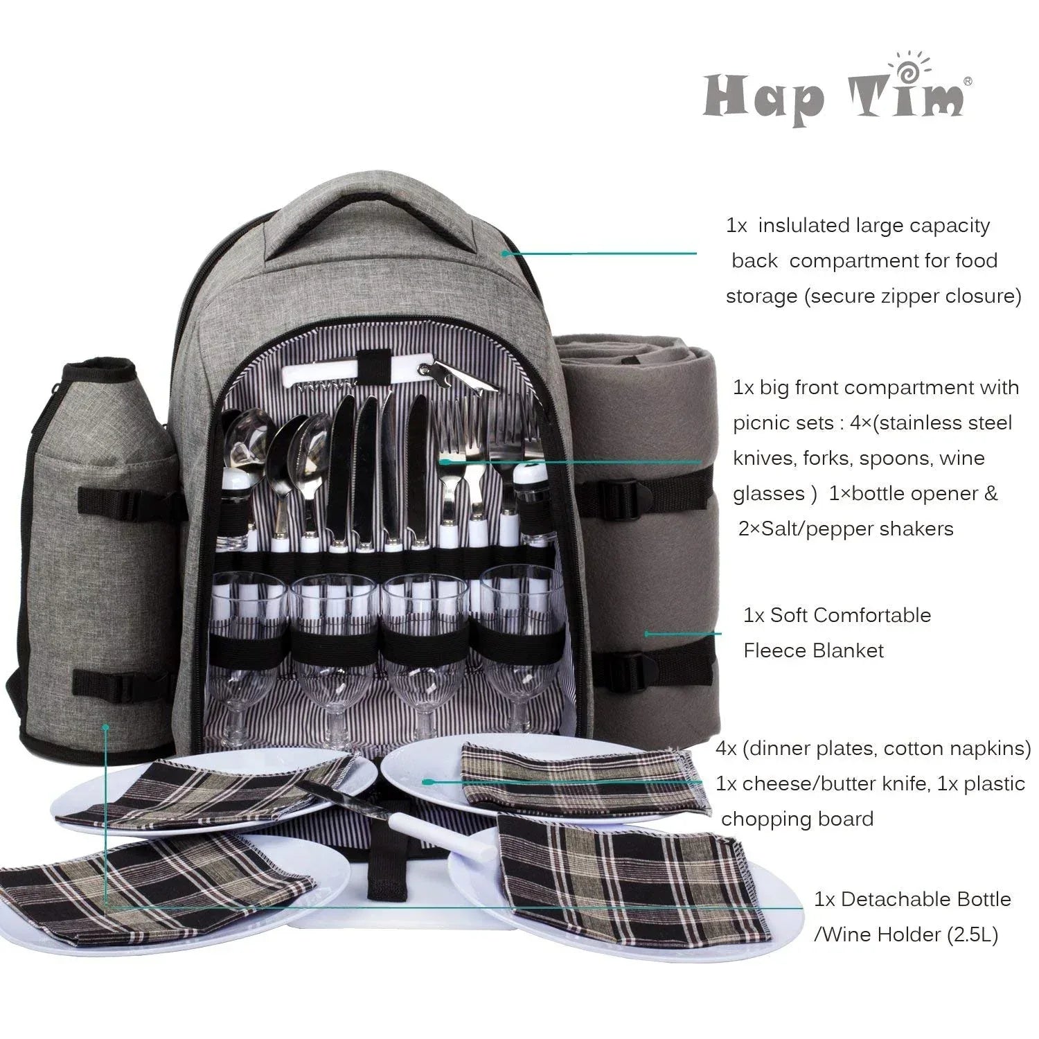Hap Tim Picnic Basket Backpack for 2 Person with 2 Insulated Cooler Compartment, Wine Holder, Fleece Blanket, Cutlery Set, Wedding Gifts for Couples, Bridal Shower Gifts, Engagement Gifts - Unique Gift Market