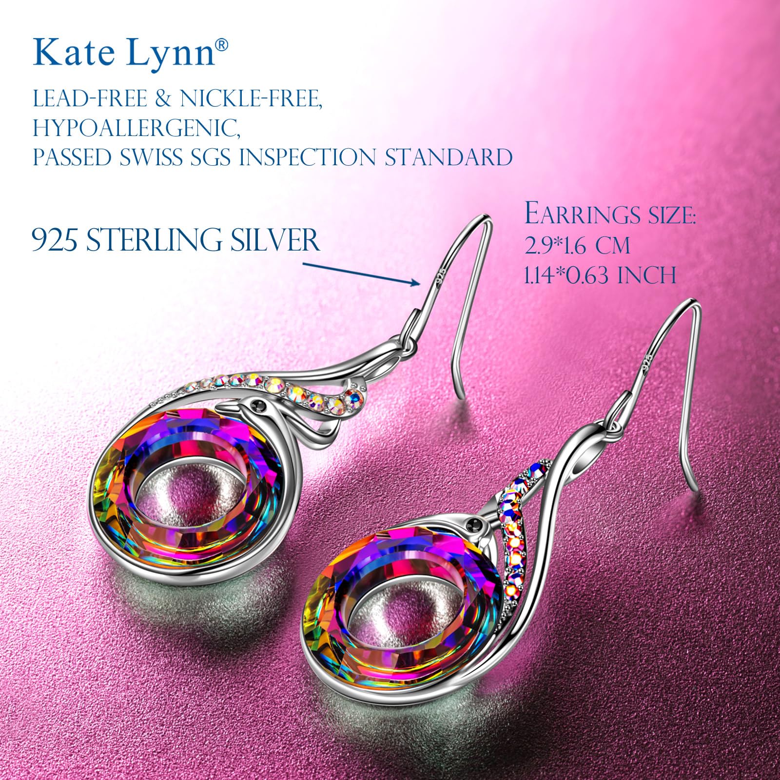 Kate Lynn "Rise From the Ashes" Phoenix Earrings, Sterling Silver Dangle Earrings with Crystals from Austria, Birthday Gift with Jewelry Box, Symbol of Luck and Renewal