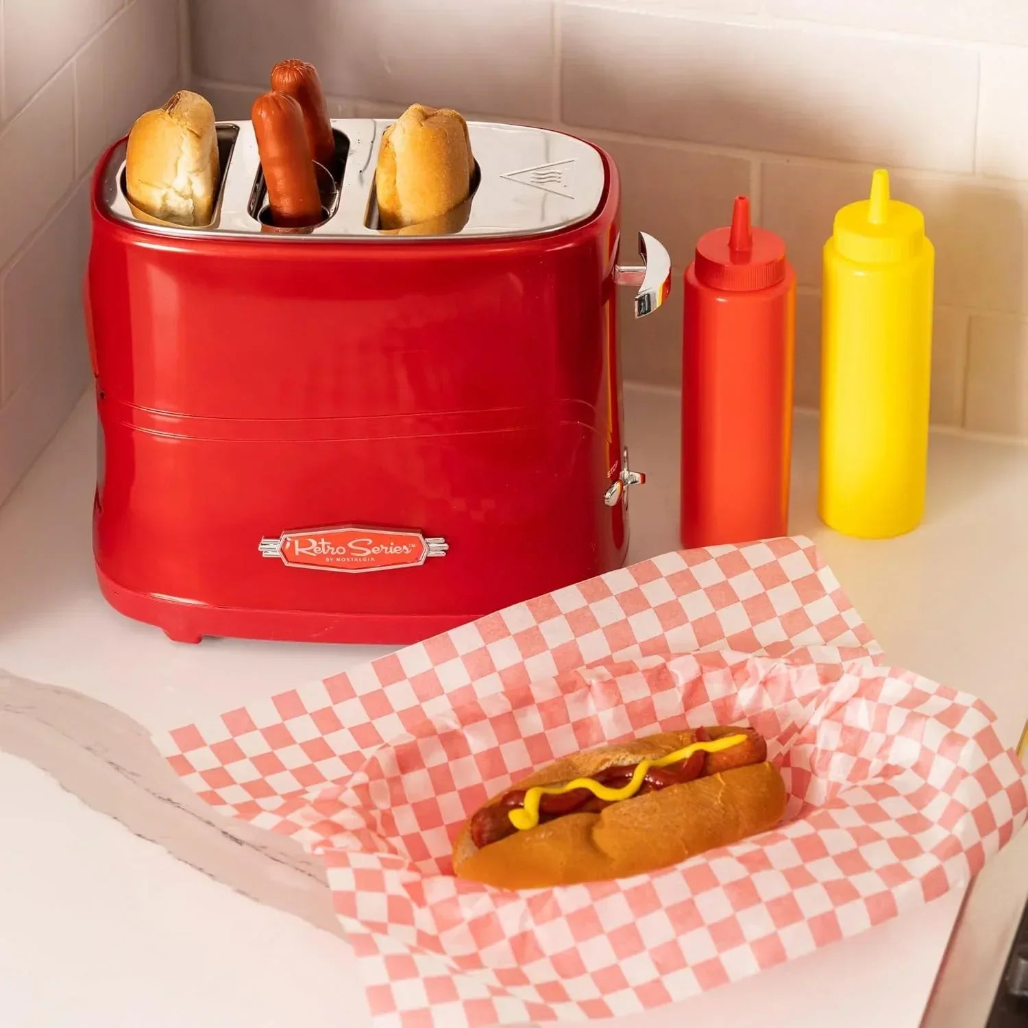 Nostalgia 2 Slot Hot Dog and Bun Toaster with Mini Tongs, Retro Toaster, Cooker that Works Chicken, Turkey, Veggie Links, Sausages Brats, Metallic Red - Unique Gift Market