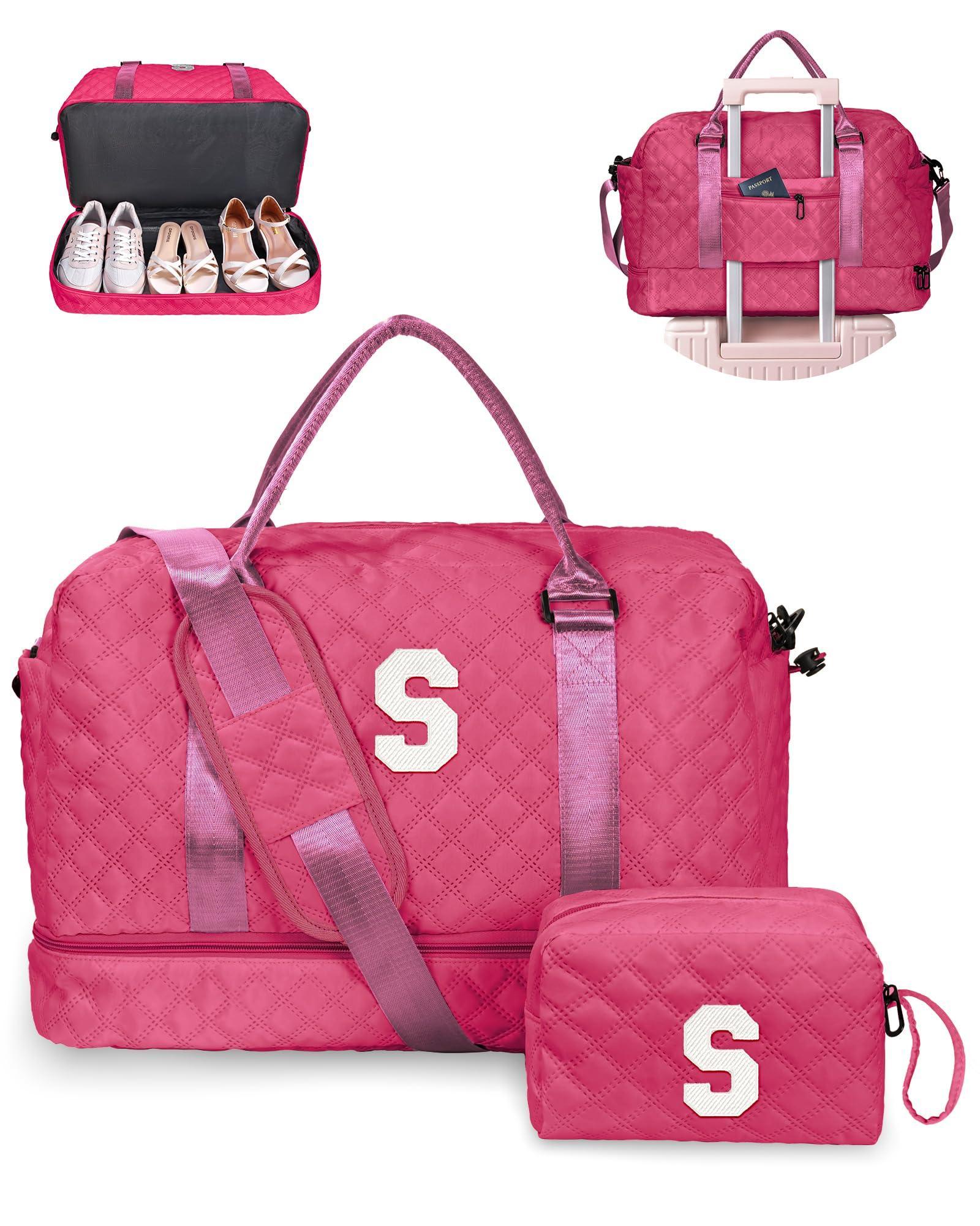 Birthday Gift-Initial Duffle Bag with Shoe Compartment, Personalized Weekender Bag, Monogram Overnight Bag for Women with Trolley Sleeve & Wet Pocket, Travel Bag with Makeup Bag (Letter K) - Unique Gift Market