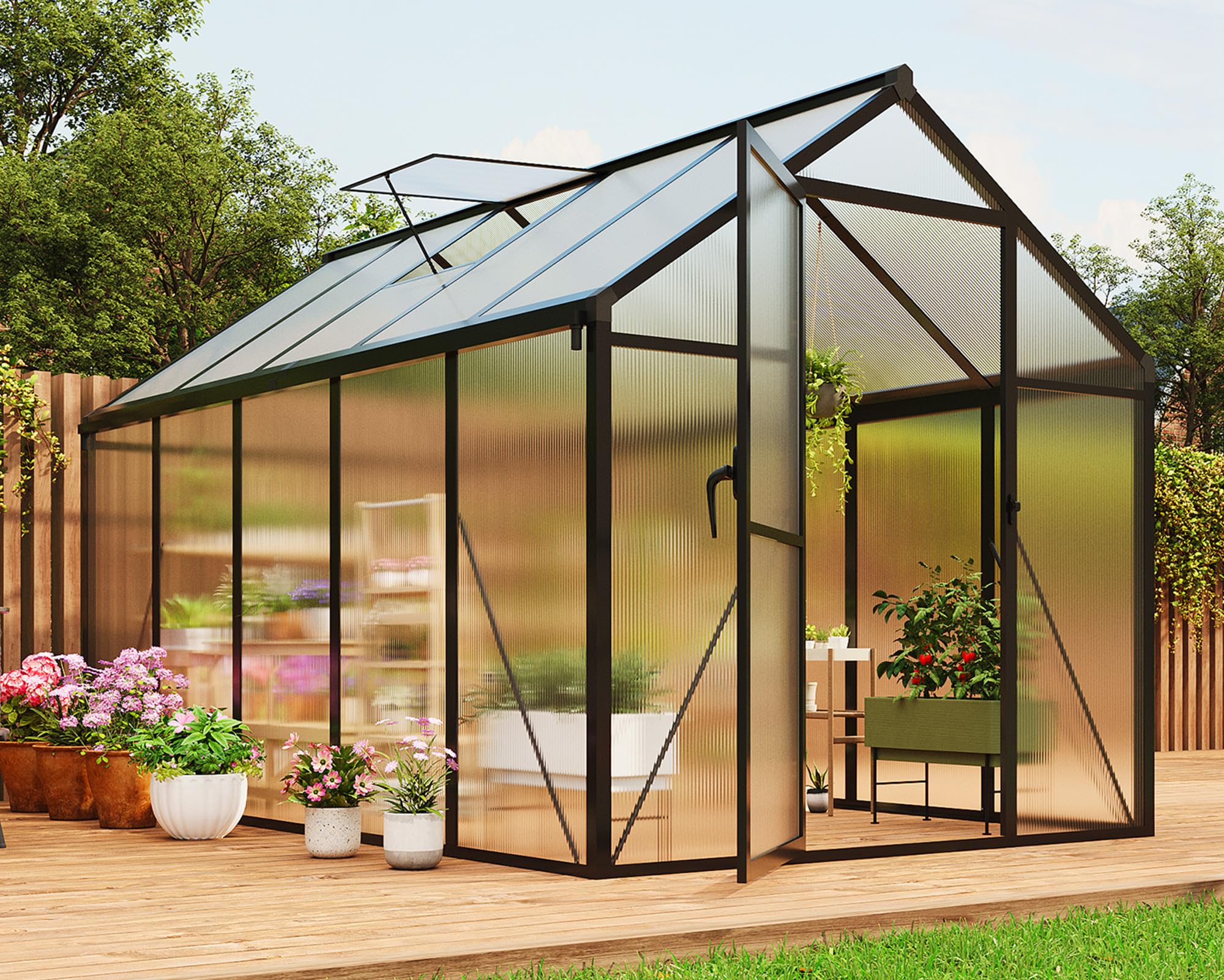 8×10 FT Greenhouse, Large Walk in Greenhouses for Outdoors and Garden Planting, Polycarbonate Greenhouse with Enhanced Aluminum Frame, Green Houses with Quick Setup Structure and Roof Vent, Green