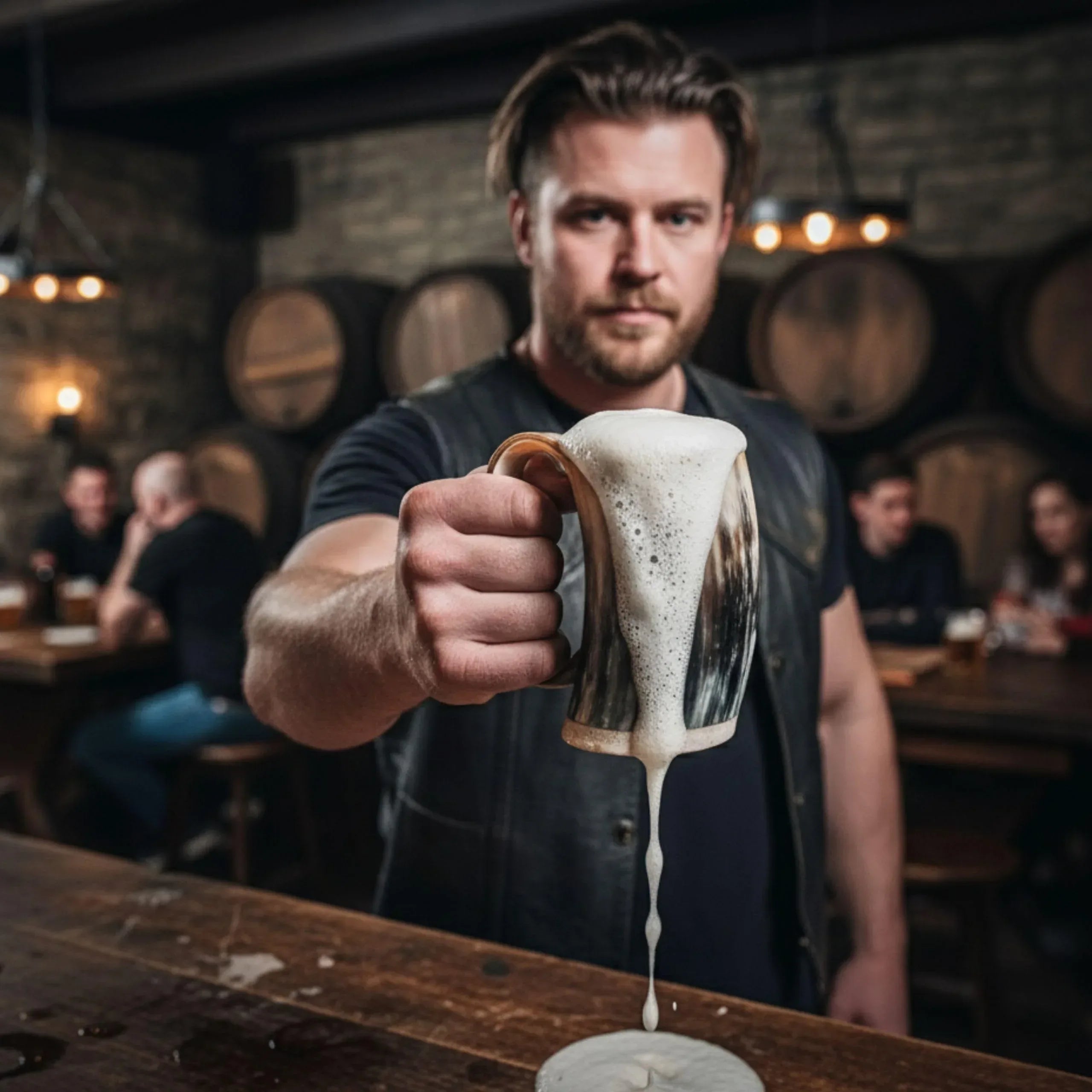 Norse Tradesman Original LG Viking Drinking Horn Mug - 100% Authentic Beer Horn Tankard With Natural Surface & Burlap Gift Sack | The Original, Low Polish, approx. 16 oz - Unique Gift Market