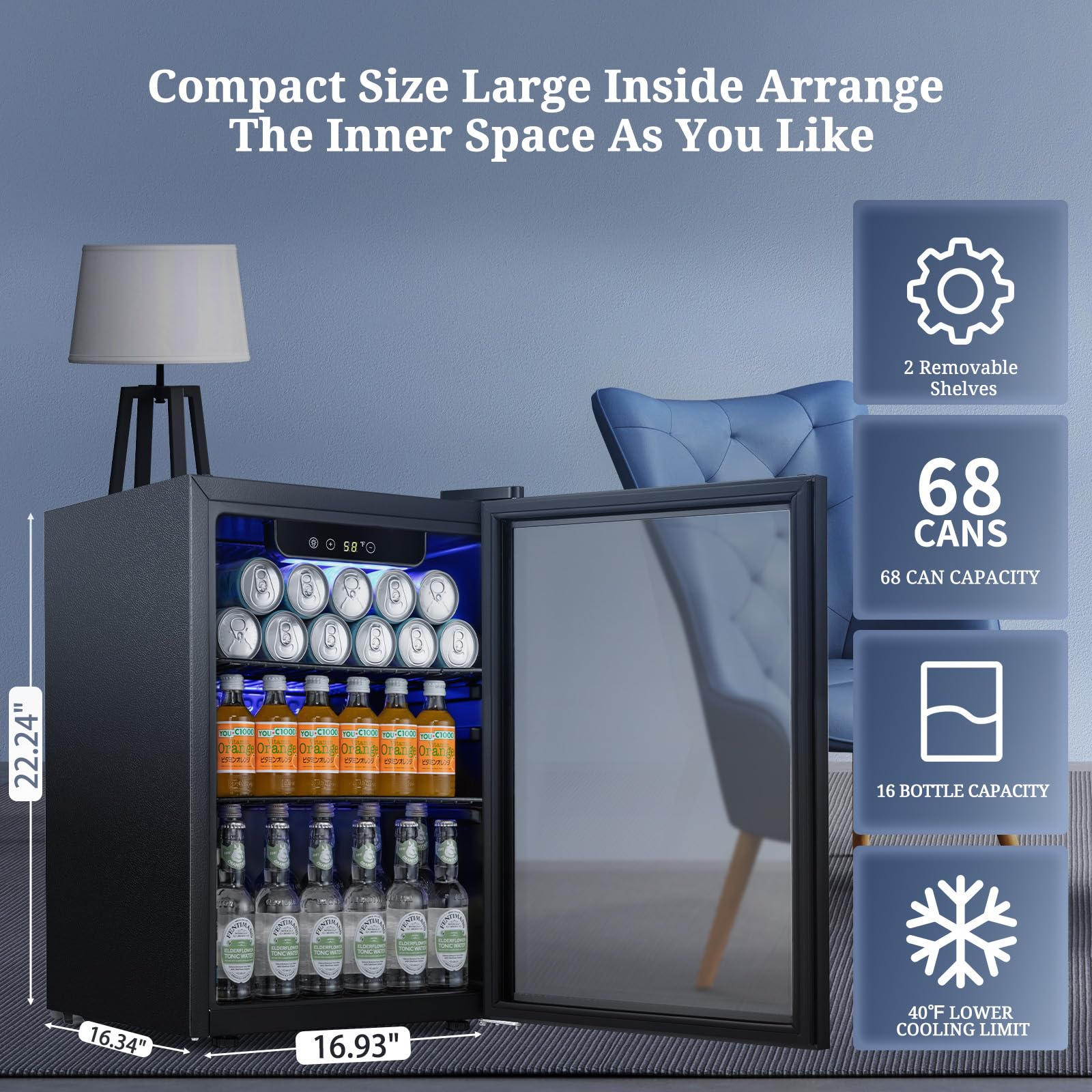 Antarctic Star 18L Beverage Refrigerator Cooler 24Can, Mini Fridge with Quiet Compressor, LED Light,Freestanding Small Fridge with Electronic Temperature Control for Home and Bar(40-61 ℉)