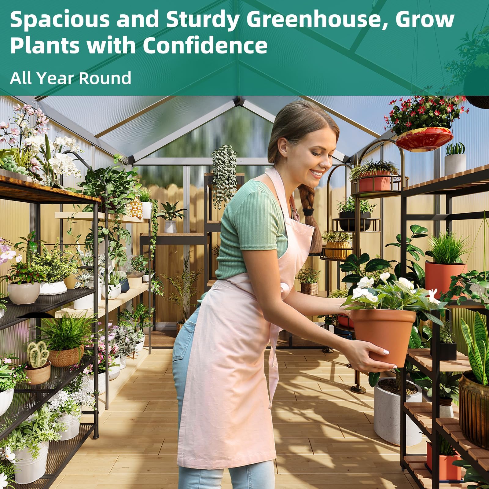 6×8FT Greenhouses for Outdoors, Aluminum Polycarbonate Greenhouses with Roof Vent - Heavy-Duty Walk-in Green Houses for All-Season Backyard Gardening