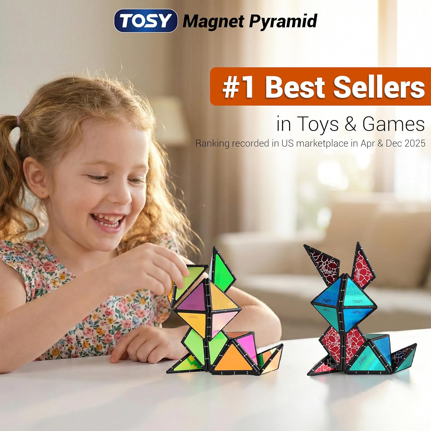 TOSY Magnet Pyramid Glow - 1 Cube Transforms into 1 Billion Shapes (Bunny, Egg Basket, Flowers, Heart), Easter Birthday Gift, 12 pcs, 243 Magnets, Glowing, Holographic Design, Puzzle/STEM Toy