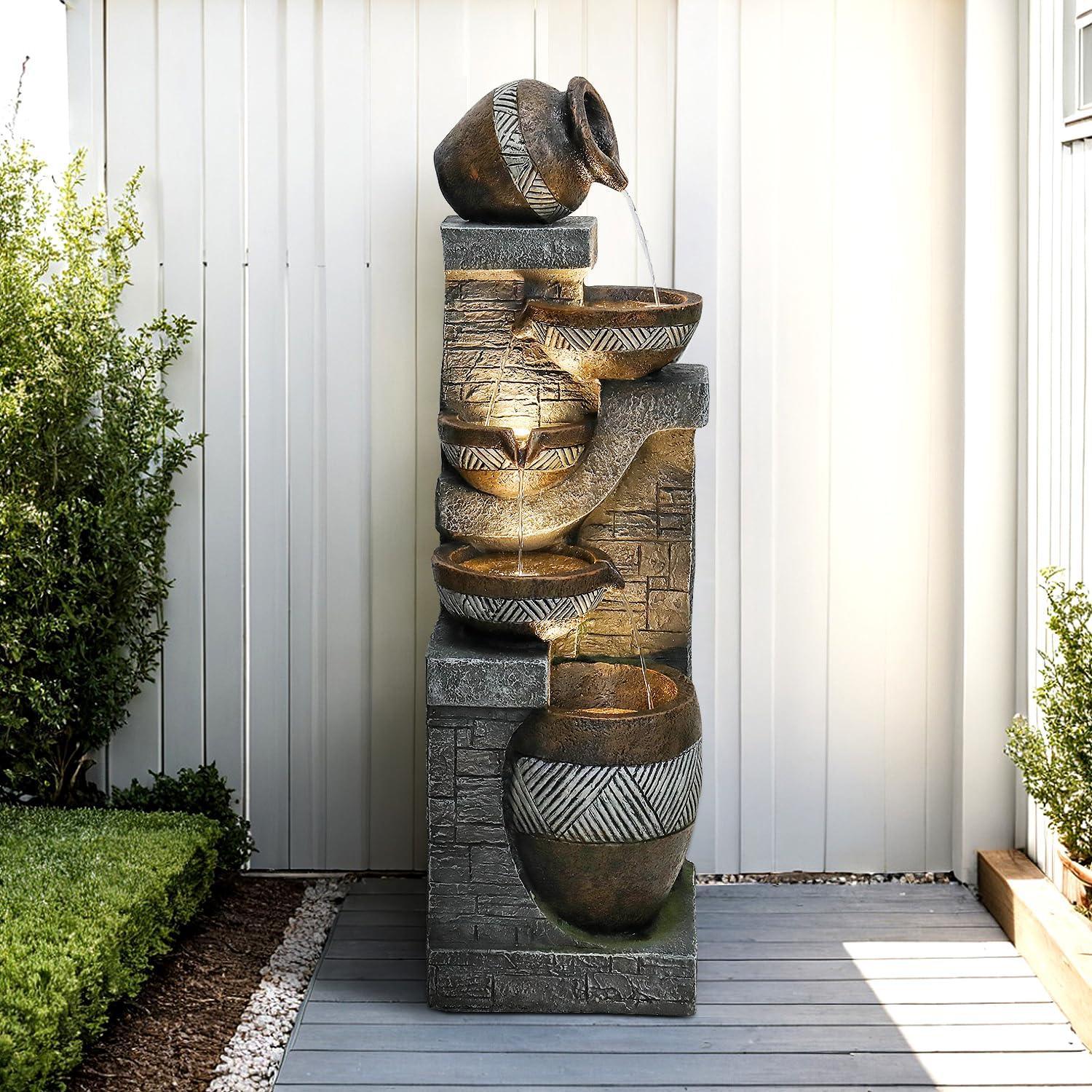 Naturefalls 40" Tall Outdoor Water Fountain and Waterfalls - Large Garden Fountain with LED Lights, 4-Tier Crocks, Indoor and Outdoor Fountains for Garden, Patio, Deck, Porch, Backyard and Home, Gray - Unique Gift Market