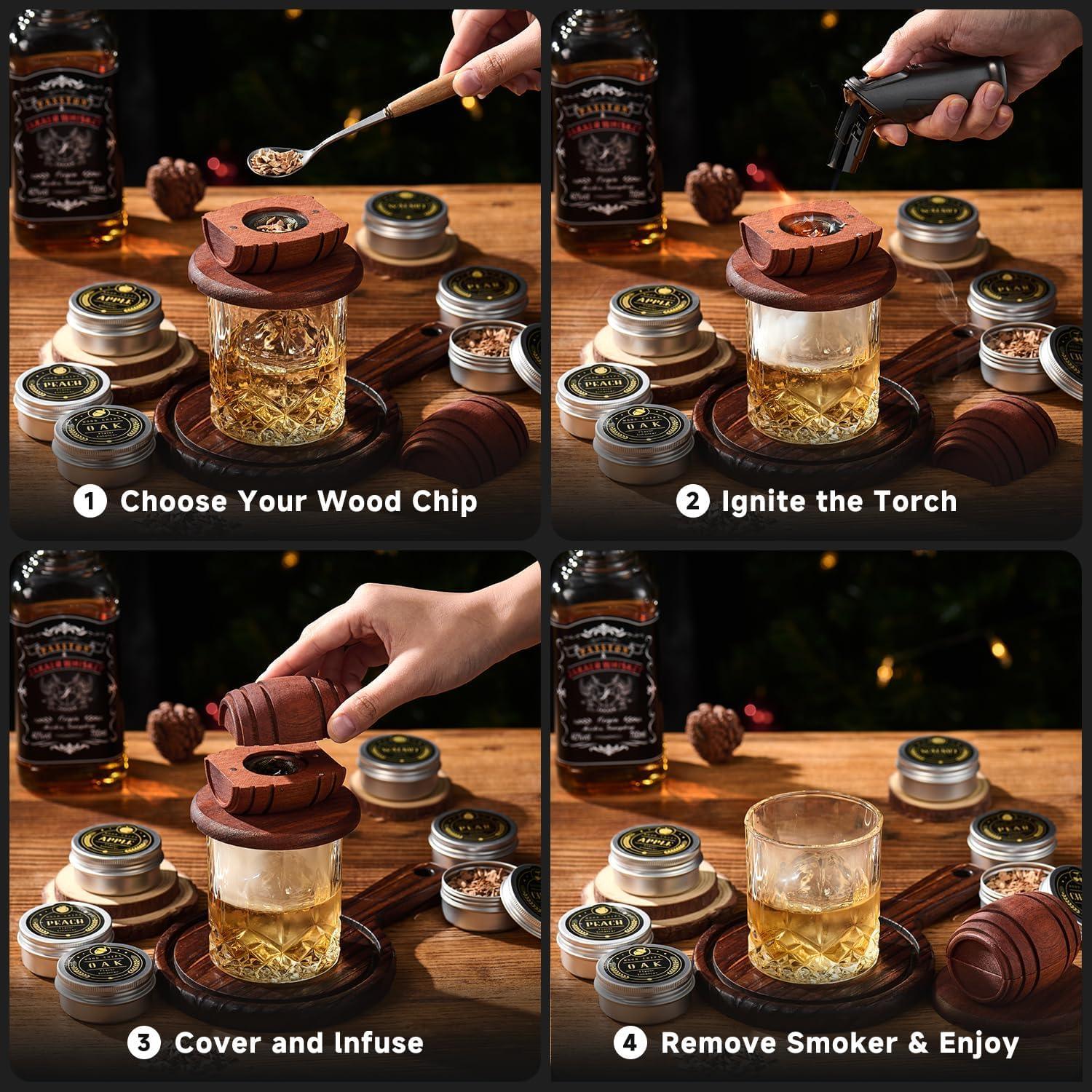 Whiskey Smoker Kit with Torch - 6 Flavors Wood Chips, 2 Glasses, 2 Ice Ball Molds - Cocktail Smoker Infuser Kit, Old Fashioned Drink Smoker Kit, Birthday Bourbon Whiskey Gifts for Men,Dad(NO Butane) - Unique Gift Market