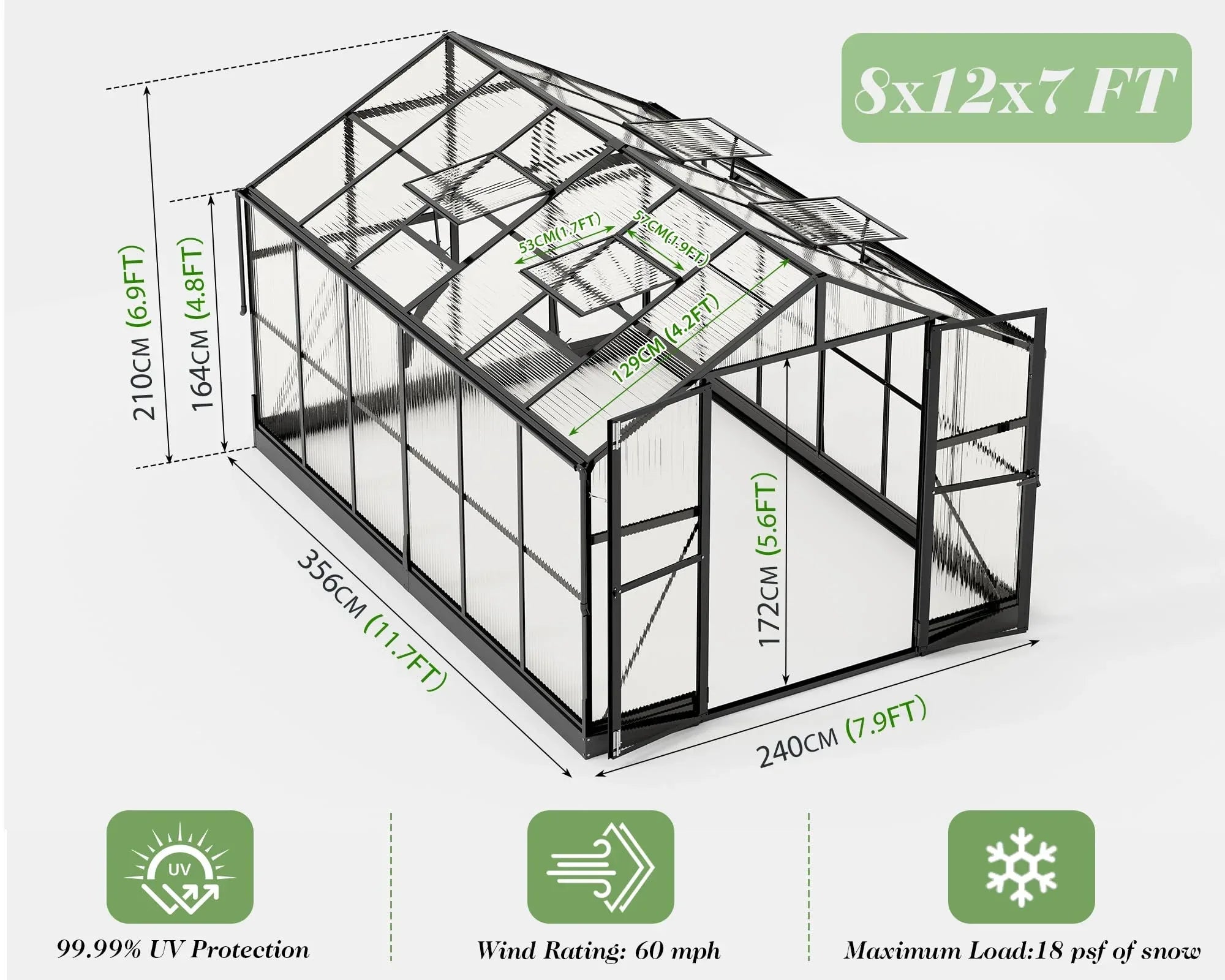 Jocisland 8x12x7.5 FT Greenhouse - Outdoor Aluminum Polycarbonate Greenhouse with Ventilation and Rain Gutter, 4 Swing Doors with Hook, Walk in Greenhouse for Outdoors Backyard Garden, Black - Unique Gift Market