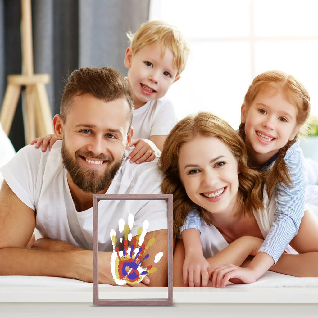 Family Handprint Kit, DIY Craft Keepsake Wooden Frame, Endless Gift Set, Non-Toxic Paints, Transparent Sheets (Brown) - Unique Gift Market