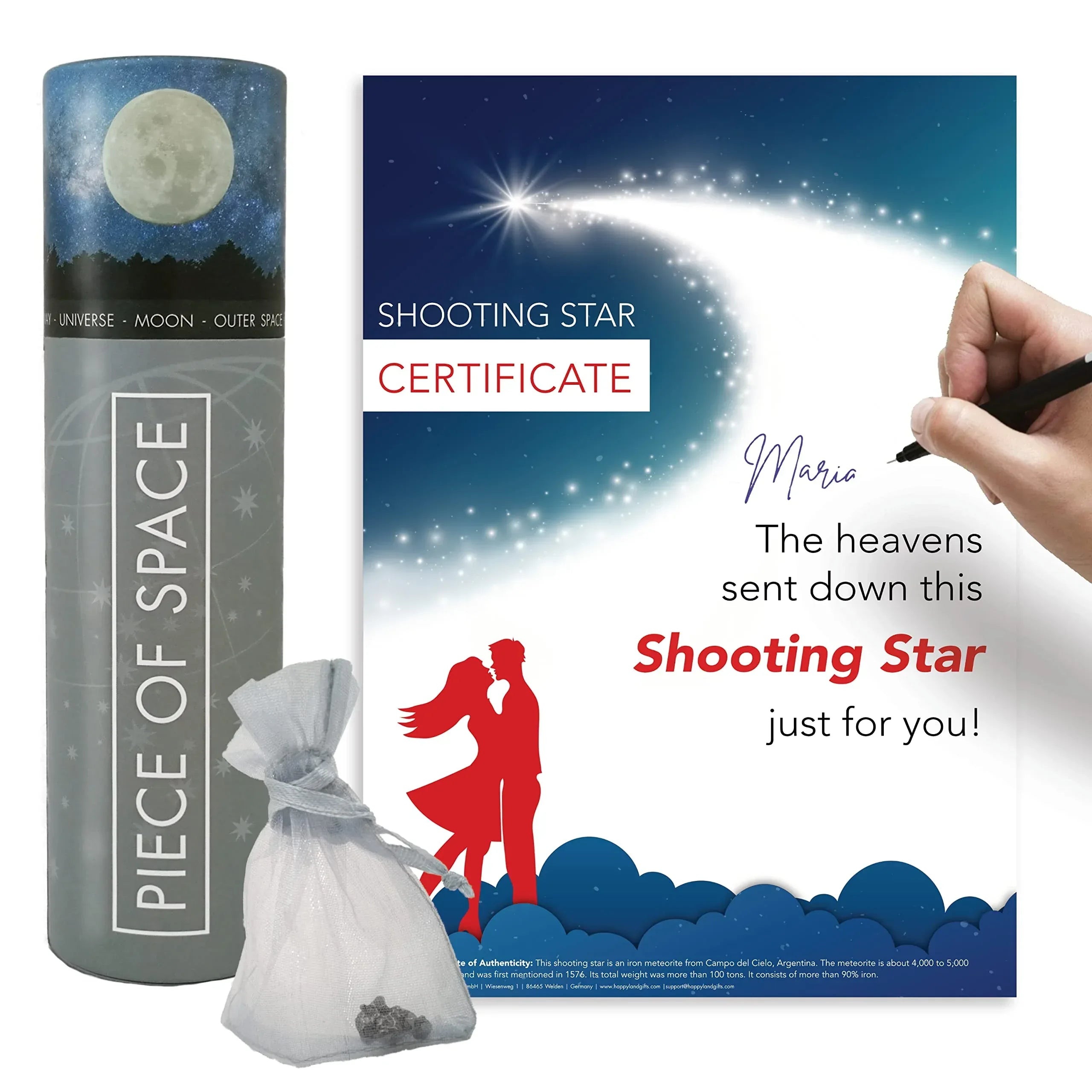 happylandgifts® Romantic Gift Set | Shooting Star | Unusual Gift | Real Meteorite in Red Heart Box | Tea Light | Rose Petals | Certificate Roll | Meteor Gifts - Unique Gift Market