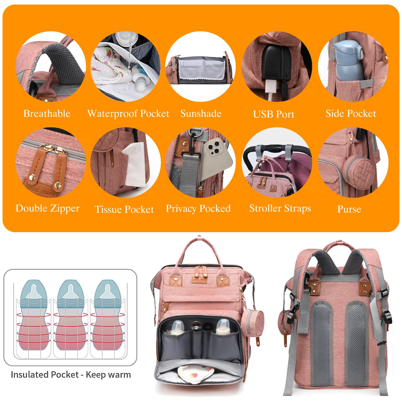 Baby Diaper Bags with Changing Station, Waterproof Diaper Bag Backpack for Moms Dads with USB Charging Port, Baby Shower Gifts, Large Capacity diaper backpack, Grey