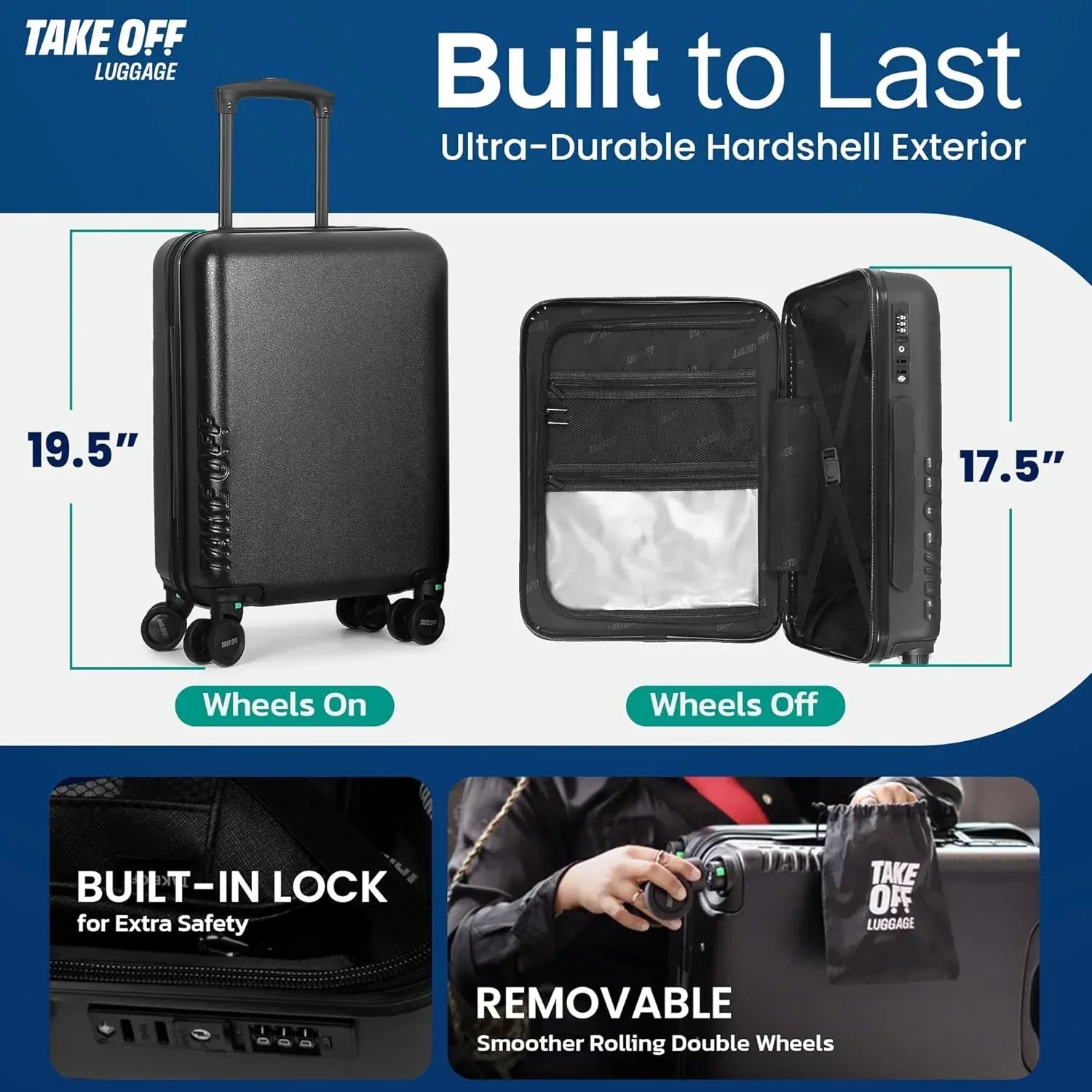 Take OFF Luggage Personal Item Suitcase 3.0 – Small Carry On Luggage with Wheels for Budget Airlines – Under the Seat Luggage with Removable Wheels – With TSA Lock and Toiletry Pouch – 18x14x8, Black - Unique Gift Market