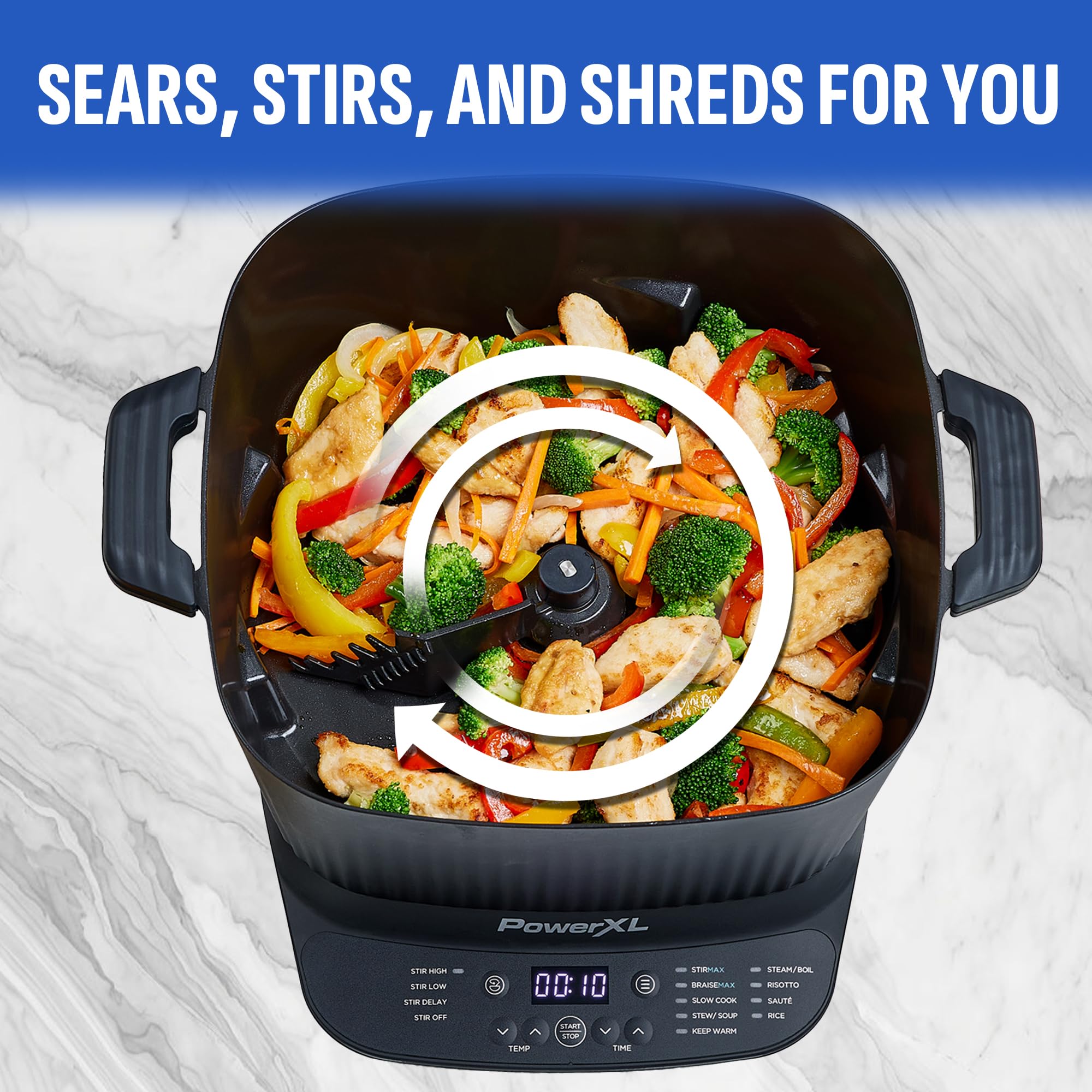 STIRMAX PLUS 7.5 Quart Digital Multi-Cooker with Automatic Paddle to Stir and Shred, 9 in 1 programmable presets to Sauté, Sear, and Brown Food Before Simmering – Accessories & Cookbook Included