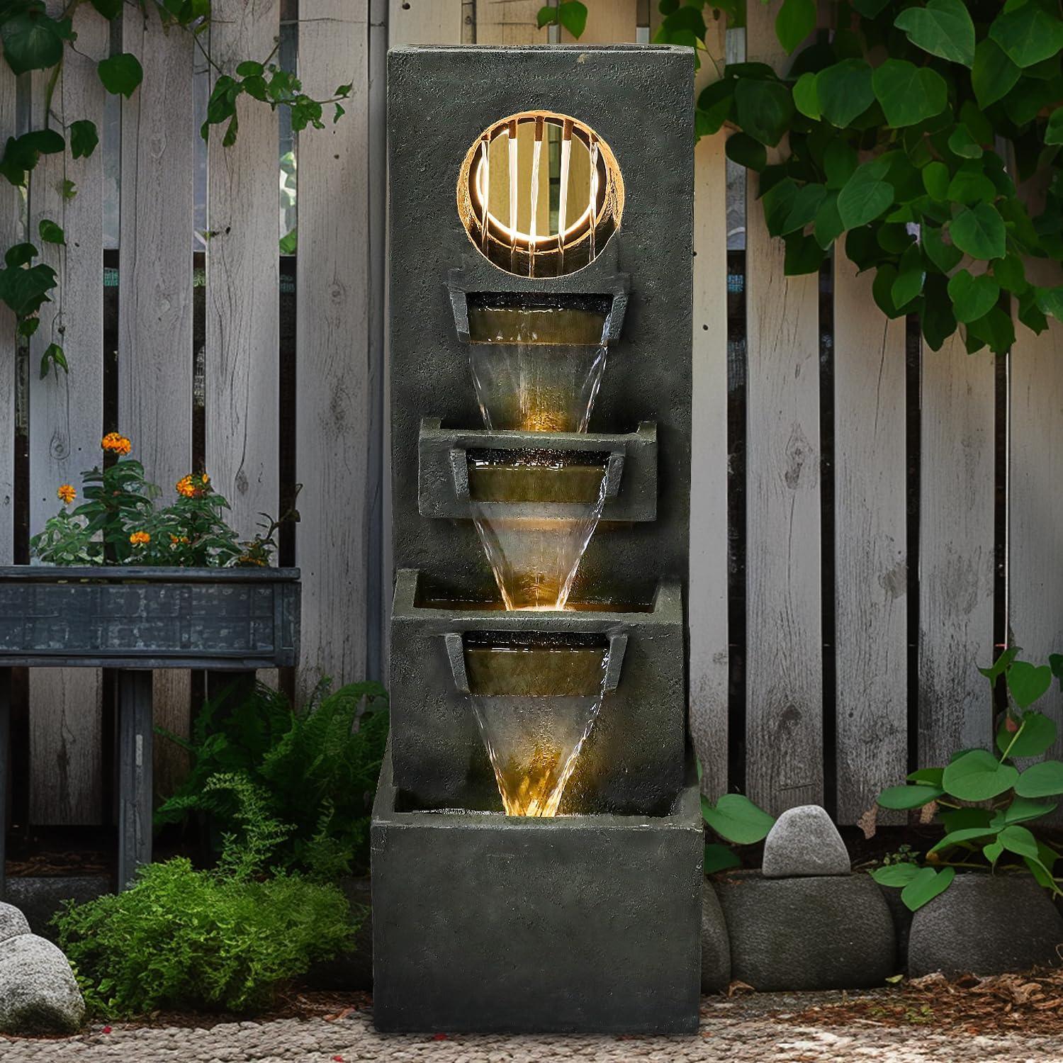Naturefalls 40" Tall Outdoor Water Fountain and Waterfalls - Large Garden Fountain with LED Lights, 4-Tier Crocks, Indoor and Outdoor Fountains for Garden, Patio, Deck, Porch, Backyard and Home, Gray - Unique Gift Market
