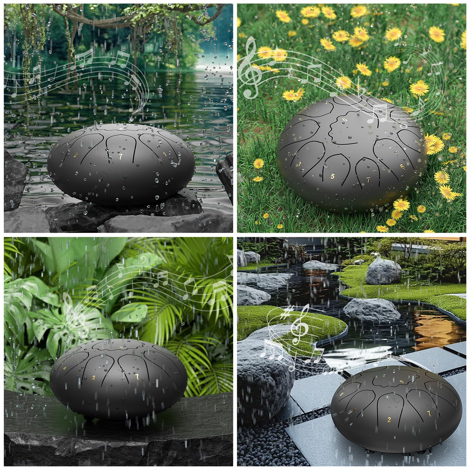 Rain Drum for Outside Garden, 6 Inches 8 Notes Steel Tongue Chakra Drums, Waterproof Meditation Rain Chime, Musical Instruments for Adult Gift with Bag, Music Book, Drum Mallets (Green)
