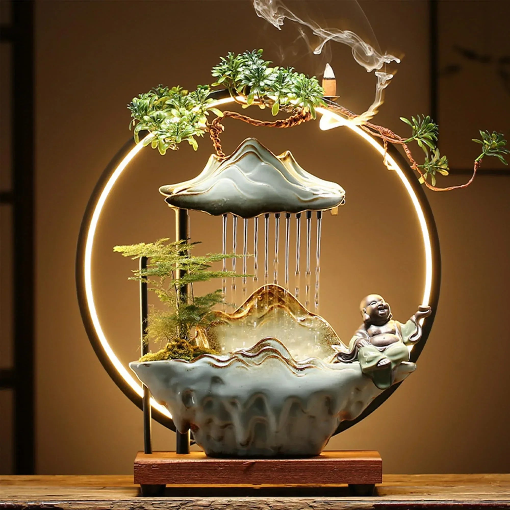 Buddha Tabletop Fountain Indoor Waterfall Fountain Office Tabletop Water Fountain with Lights Backflow Incense Burner Ceramic Indoor Zen Decor for Home Office Yoga Meditation (Buddha) - Unique Gift Market