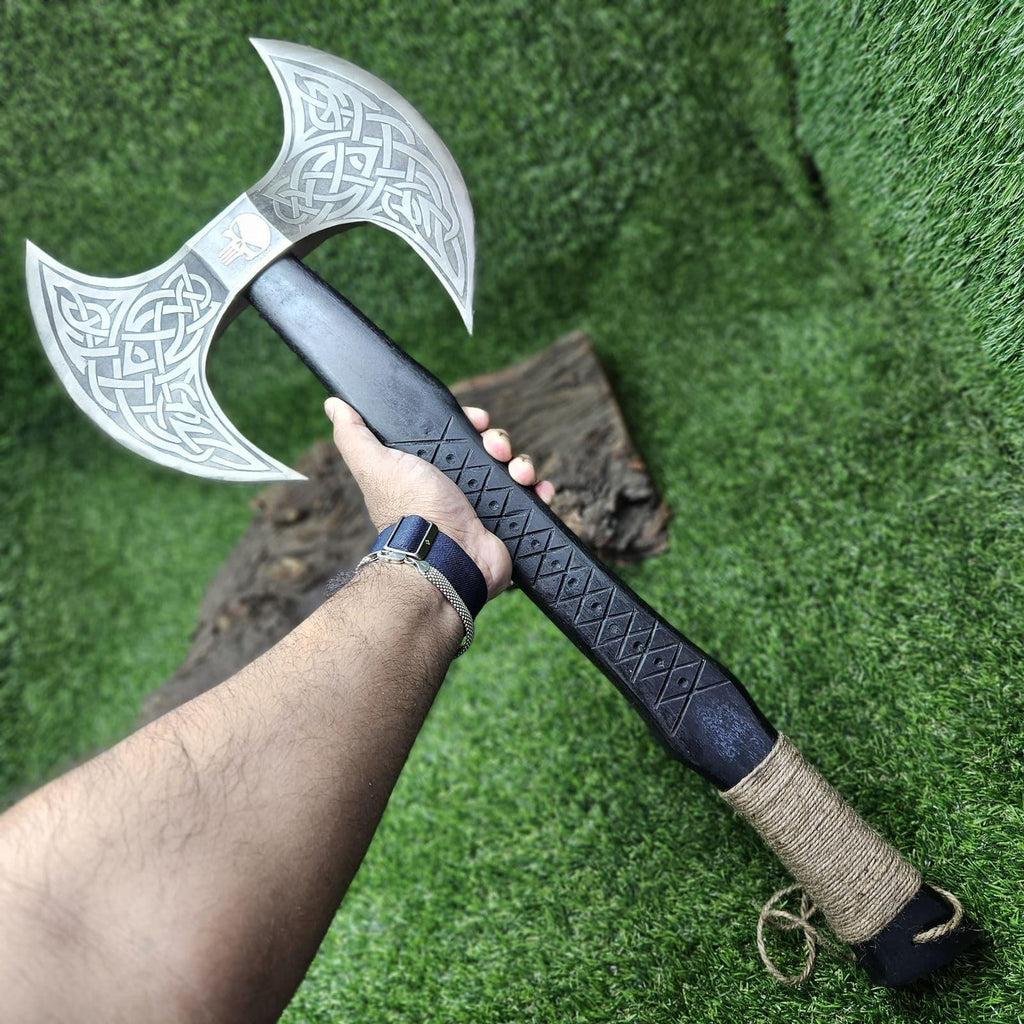 Poshland AX-7001 Custom Gift Forged Carbon Steel Viking Axe with Rose Wood Shaft, Double Edge Axe - Unique Gift Market