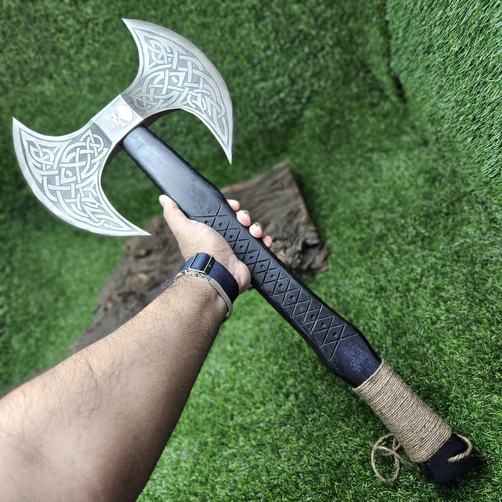 Poshland AX-7001 Custom Gift Forged Carbon Steel Viking Axe with Rose Wood Shaft, Double Edge Axe - Unique Gift Market