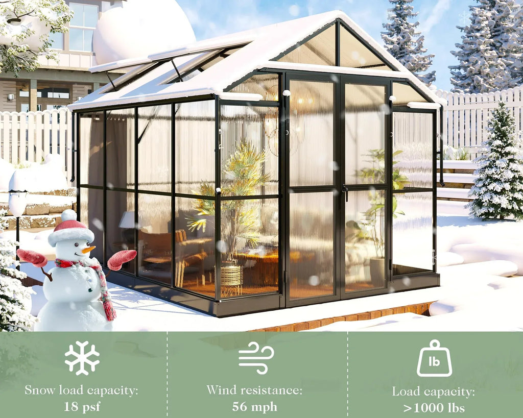Jocisland 8x12x7.5 FT Greenhouse - Outdoor Aluminum Polycarbonate Greenhouse with Ventilation and Rain Gutter, 4 Swing Doors with Hook, Walk in Greenhouse for Outdoors Backyard Garden, Black - Unique Gift Market