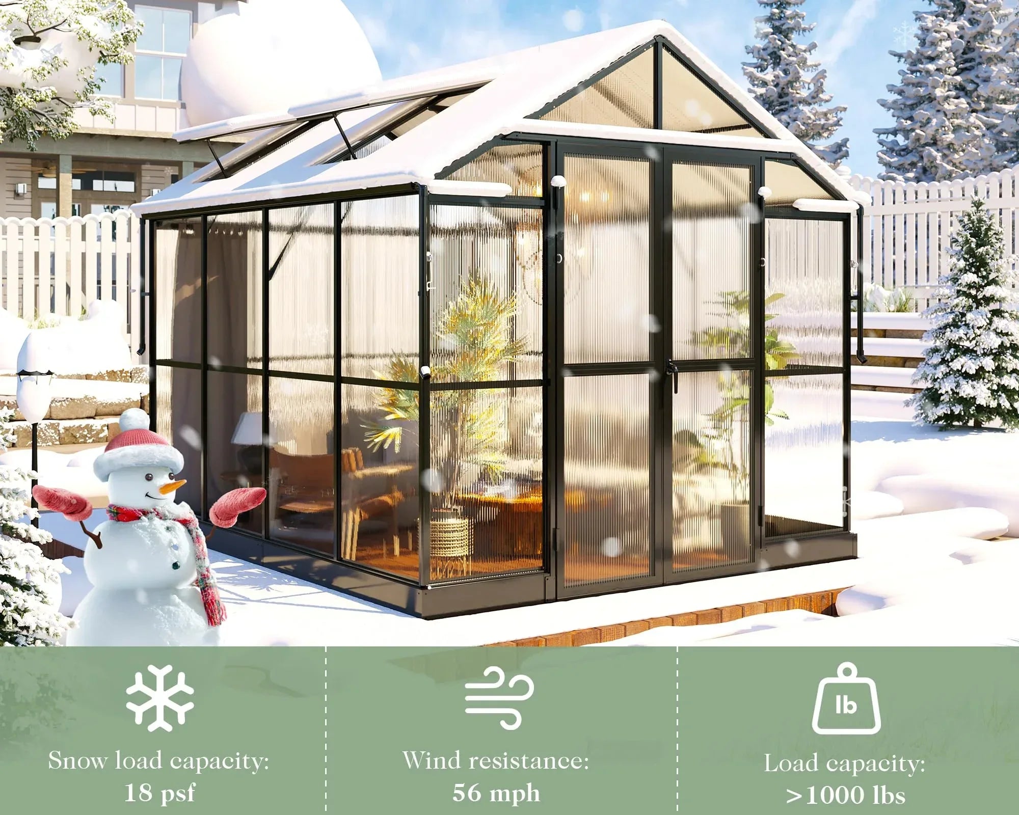 Jocisland 8x12x7.5 FT Greenhouse - Outdoor Aluminum Polycarbonate Greenhouse with Ventilation and Rain Gutter, 4 Swing Doors with Hook, Walk in Greenhouse for Outdoors Backyard Garden, Black - Unique Gift Market