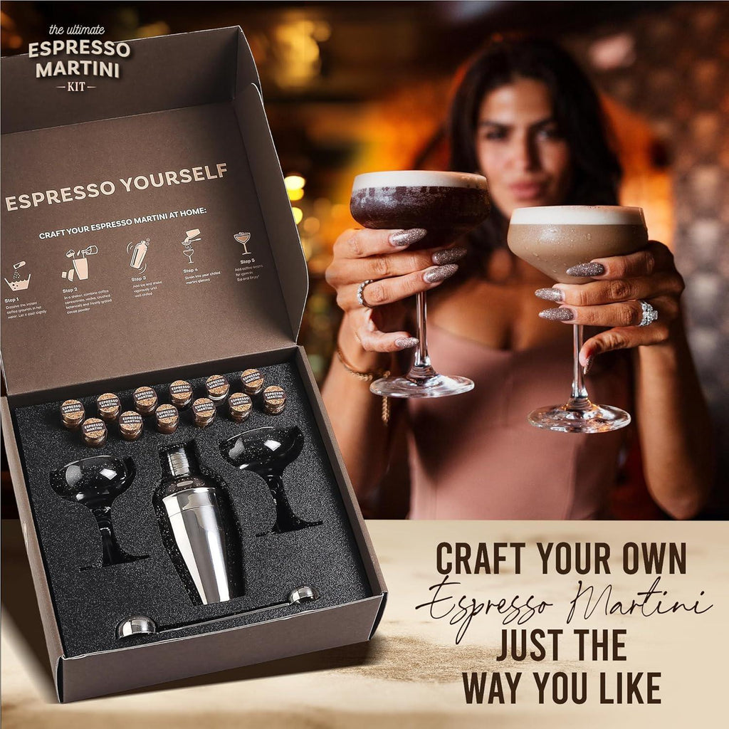 Espresso Martini Gifts– Premium Cocktail Kit - Espresso Martini Kit Maker Set with Glasses, Party-Ready Accessories, and Elegant Decorations for Birthdays and Events, Valentine Gifts for Women - Unique Gift Market