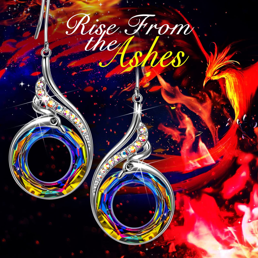 Kate Lynn "Rise From the Ashes" Phoenix Earrings, Sterling Silver Dangle Earrings with Crystals from Austria, Birthday Gift with Jewelry Box, Symbol of Luck and Renewal
