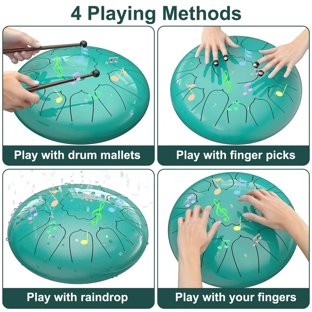 Rain Drum for Outside Garden, 6 Inches 8 Notes Steel Tongue Chakra Drums, Waterproof Meditation Rain Chime, Musical Instruments for Adult Gift with Bag, Music Book, Drum Mallets (Green) - Unique Gift Market