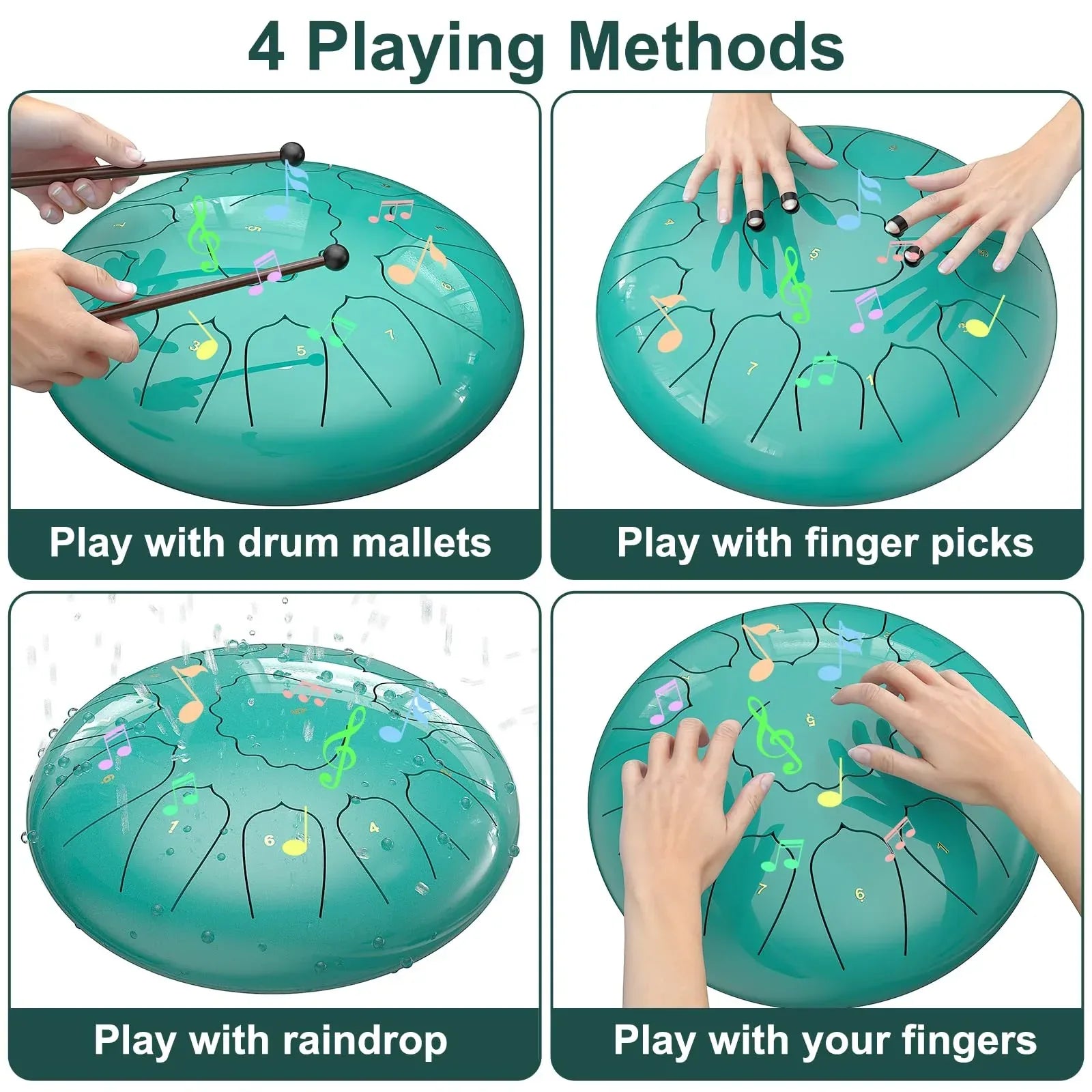 Rain Drum for Outside Garden, 6 Inches 8 Notes Steel Tongue Chakra Drums, Waterproof Meditation Rain Chime, Musical Instruments for Adult Gift with Bag, Music Book, Drum Mallets (Green) - Unique Gift Market