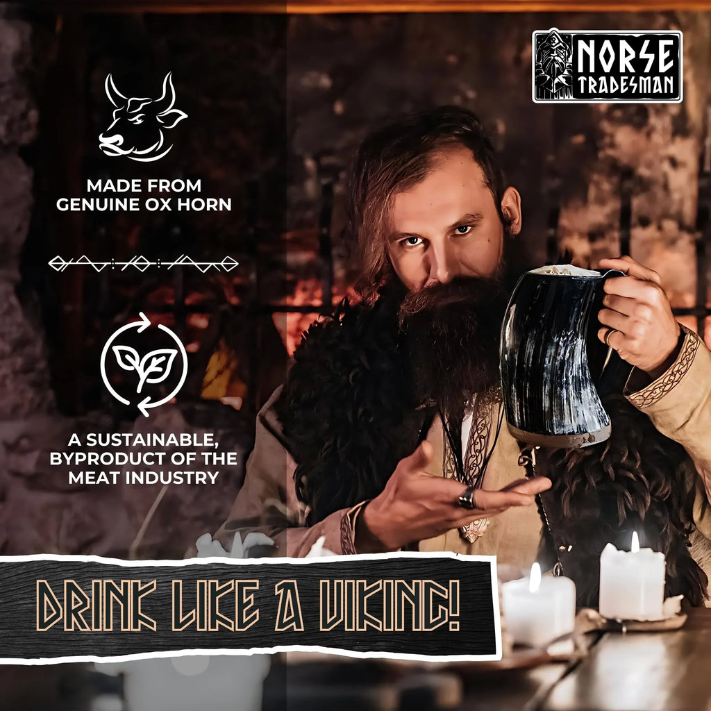 Norse Tradesman Original LG Viking Drinking Horn Mug - 100% Authentic Beer Horn Tankard With Natural Surface & Burlap Gift Sack | The Original, Low Polish, approx. 16 oz - Unique Gift Market