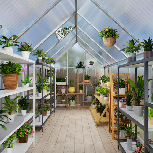 6’ x 9’ Greenhouse for Outdoors, Windproof Robust Aluminum Walk-in Greenhouse with Roof Vent Window for Garden, Backyards Plants, Easy Assembly, Silver