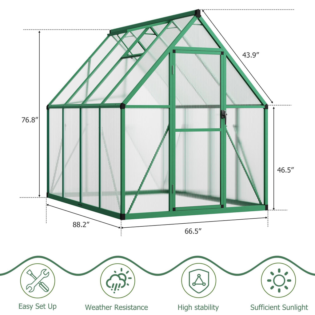 6×8FT Greenhouses for Outdoors, Aluminum Polycarbonate Greenhouses with Roof Vent - Heavy-Duty Walk-in Green Houses for All-Season Backyard Gardening