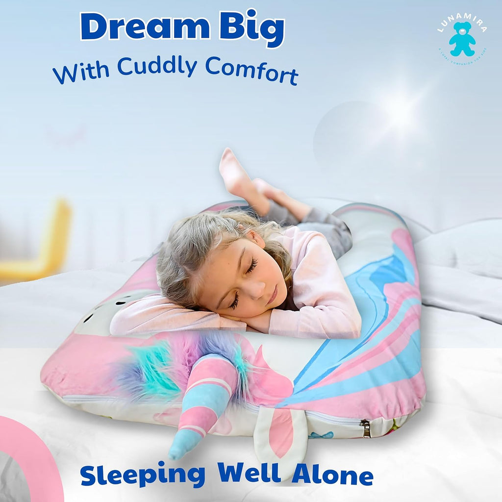 LUNAMIRA Unicorn Kids Body Pillow - 47" U-Shape Long Plush Soft Animal Pillow for Toddlers, Sleeping, Reading, ADHD & Special Needs Comfort, Anxiety, Washable Cover, Snuggle Cuddle for Boys & Girls