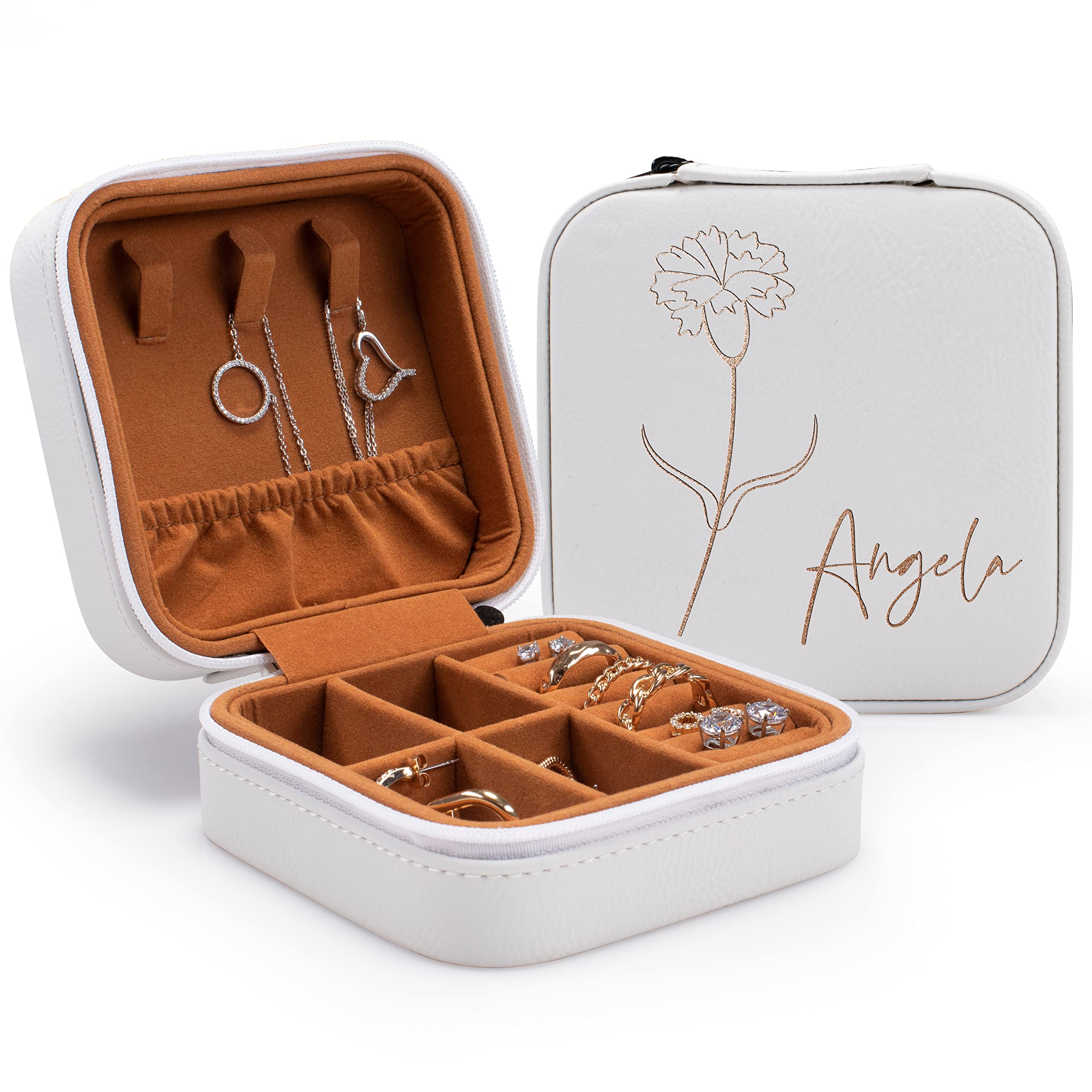 Custom Leather Jewelry Box w/Name & Birth Flower Month - Birthday Gifts for Women, Personalized Jewelry Travel Case - Customized Jewelry Organizer Box, Mom Birthday Gifts - Rustic