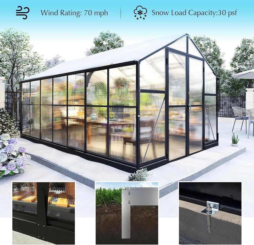 AMERLIFE 8x12x7FT Polycarbonate Greenhouse, Walk in Greenhouse with Quick-Connect System, Green House with 4 Vent Windows and Swing Lockable Door, Greenhouses for Outdoors, Sunroom Black