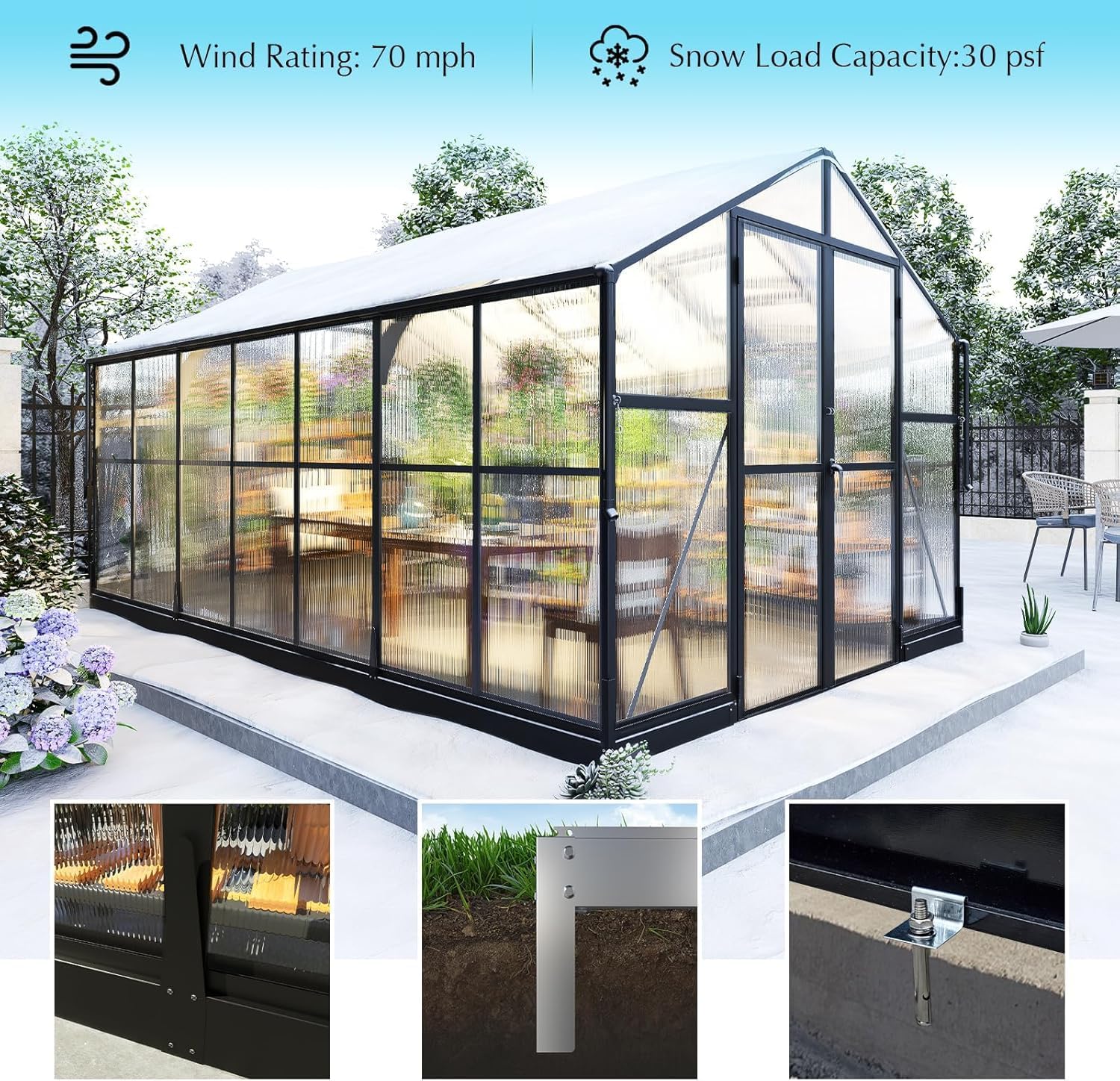AMERLIFE 8x12x7FT Polycarbonate Greenhouse, Walk in Greenhouse with Quick-Connect System, Green House with 4 Vent Windows and Swing Lockable Door, Greenhouses for Outdoors, Sunroom Black