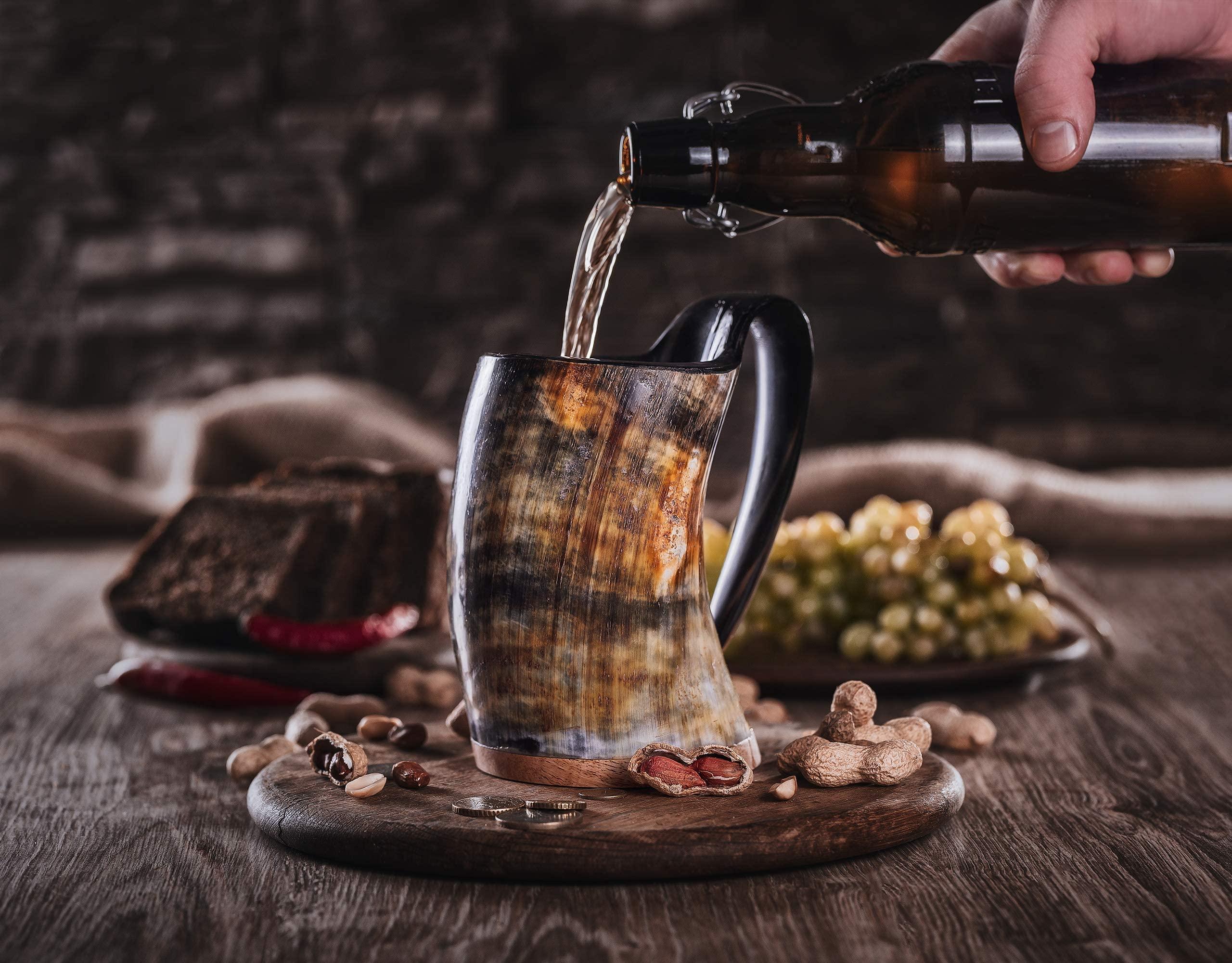 Norse Tradesman Original LG Viking Drinking Horn Mug - 100% Authentic Beer Horn Tankard With Natural Surface & Burlap Gift Sack | The Original, Low Polish, approx. 16 oz - Unique Gift Market