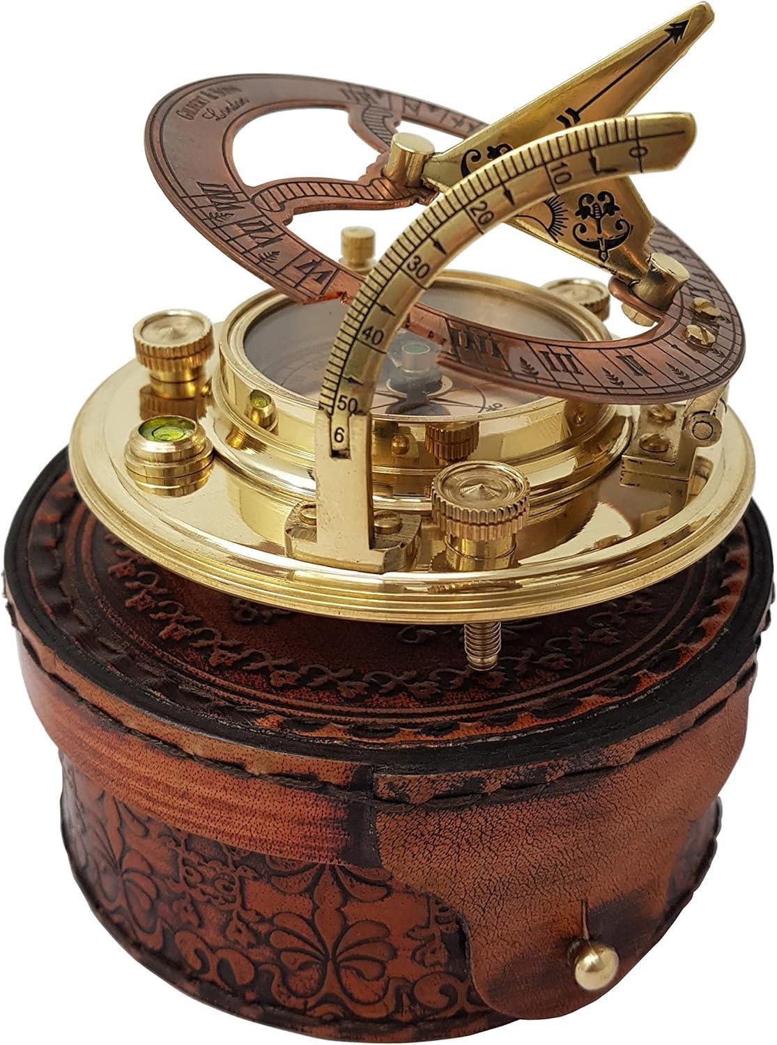 Brass Nautical - Antique Brass & Copper Sundial Compass, Sundial Clock in Box Gift Sun Clock Ship Replica Watch - Unique Gift Market