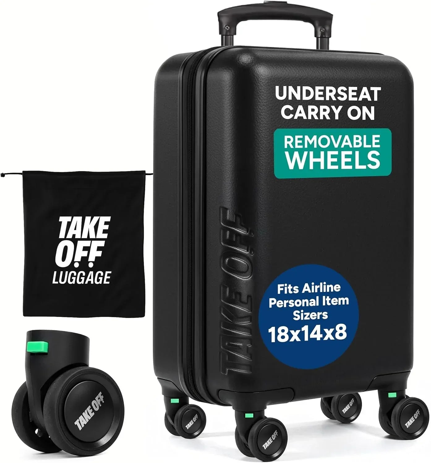 Take OFF Luggage Personal Item Suitcase 3.0 – Small Carry On Luggage with Wheels for Budget Airlines – Under the Seat Luggage with Removable Wheels – With TSA Lock and Toiletry Pouch – 18x14x8, Black - Unique Gift Market
