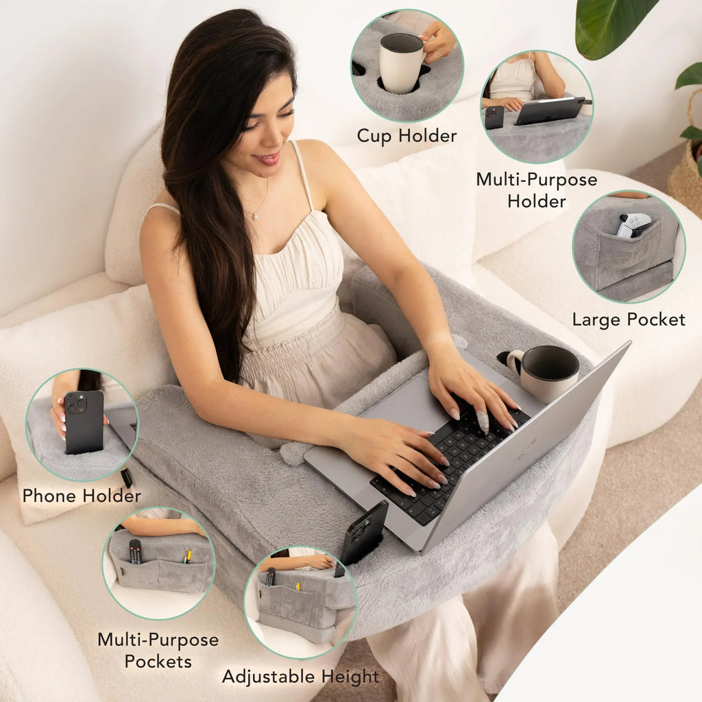 Reading Pillow for Gaming – Extra Large Lap Desk & Arm Rest with Cup & Phone Holder, Adjustable Heights, Laptop Support, Large Pockets – Comfortable for Work, Gaming & Crocheting (Furry Grey) - Unique Gift Market
