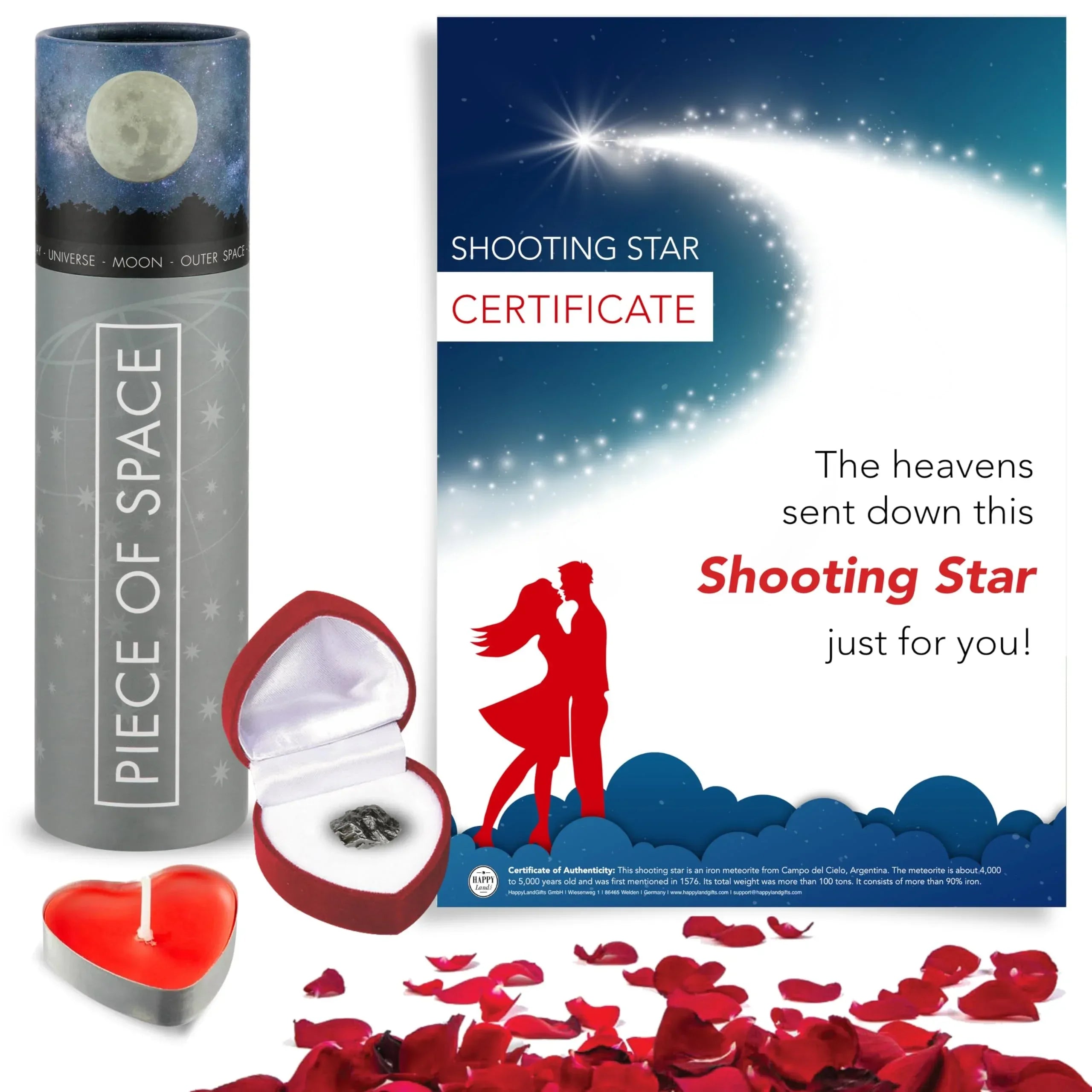 happylandgifts® Romantic Gift Set | Shooting Star | Unusual Gift | Real Meteorite in Red Heart Box | Tea Light | Rose Petals | Certificate Roll | Meteor Gifts - Unique Gift Market