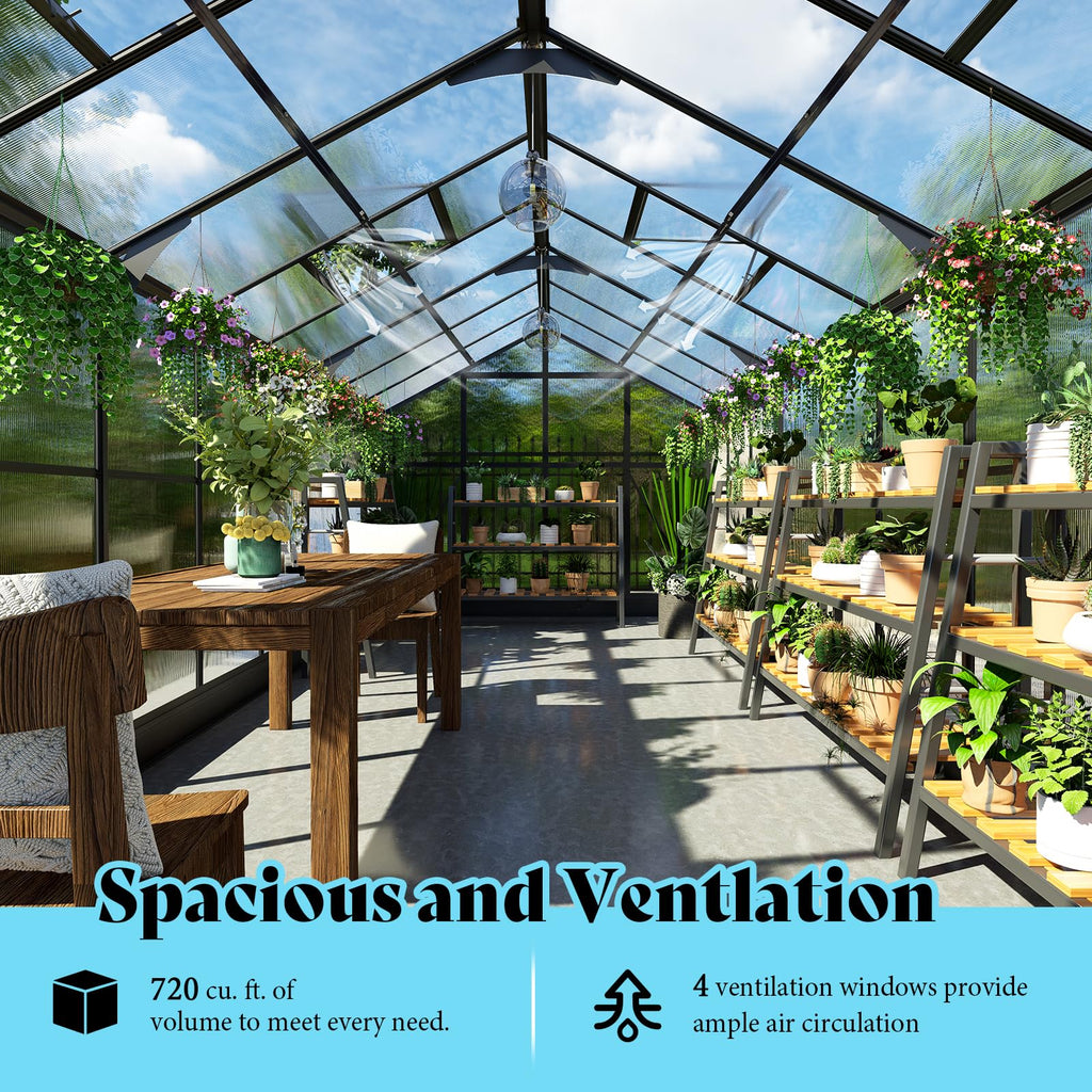 AMERLIFE 8x12x7FT Polycarbonate Greenhouse, Walk in Greenhouse with Quick-Connect System, Green House with 4 Vent Windows and Swing Lockable Door, Greenhouses for Outdoors, Sunroom Black