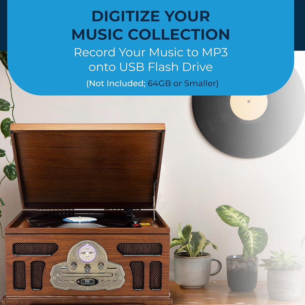 SoundBeast All-in-One Turntable with 3-Speed Record Player, Bluetooth, CD, Cassette Tape, AM/FM Radio, USB, Built-in Speakers, Handmade Wooden Exterior