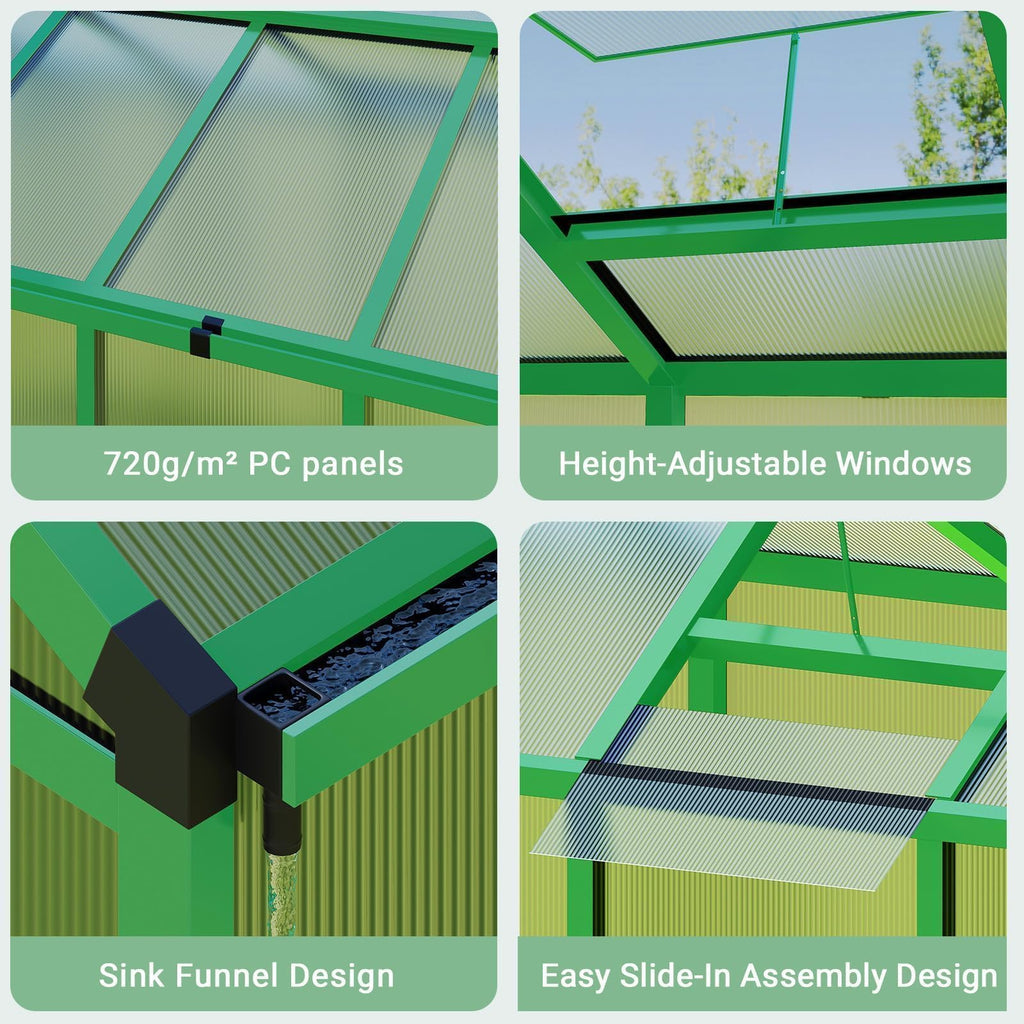 6×8FT Greenhouses for Outdoors, Aluminum Polycarbonate Greenhouses with Roof Vent - Heavy-Duty Walk-in Green Houses for All-Season Backyard Gardening