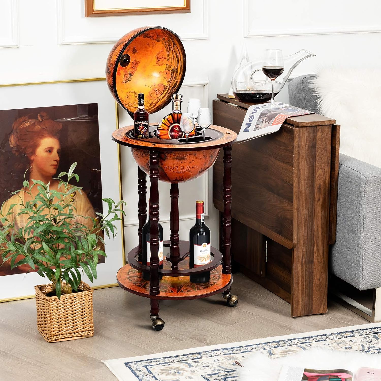 Goplus Globe Bar, 17.5” Liquor Globe Bar Cart with Wheels, Bottom Shelf, Old World Map, 16th Century Italian Replica Retro Wine Alcohol Stand, Globe Bar Cart for Dining Room Living Room Home
